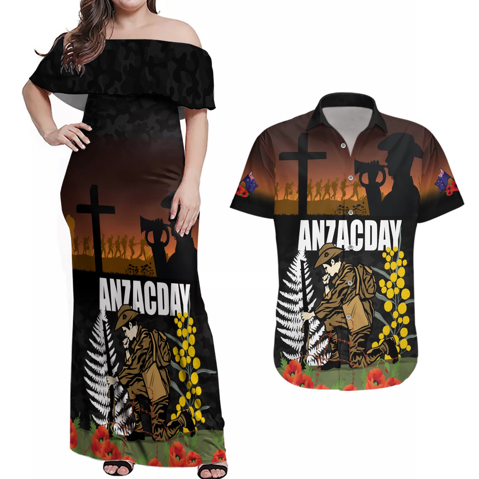 New Zealand and Australia ANZAC Day Couples Matching Off Shoulder Maxi Dress and Hawaiian Shirt Soldier and Last Post Camouflage Pattern
