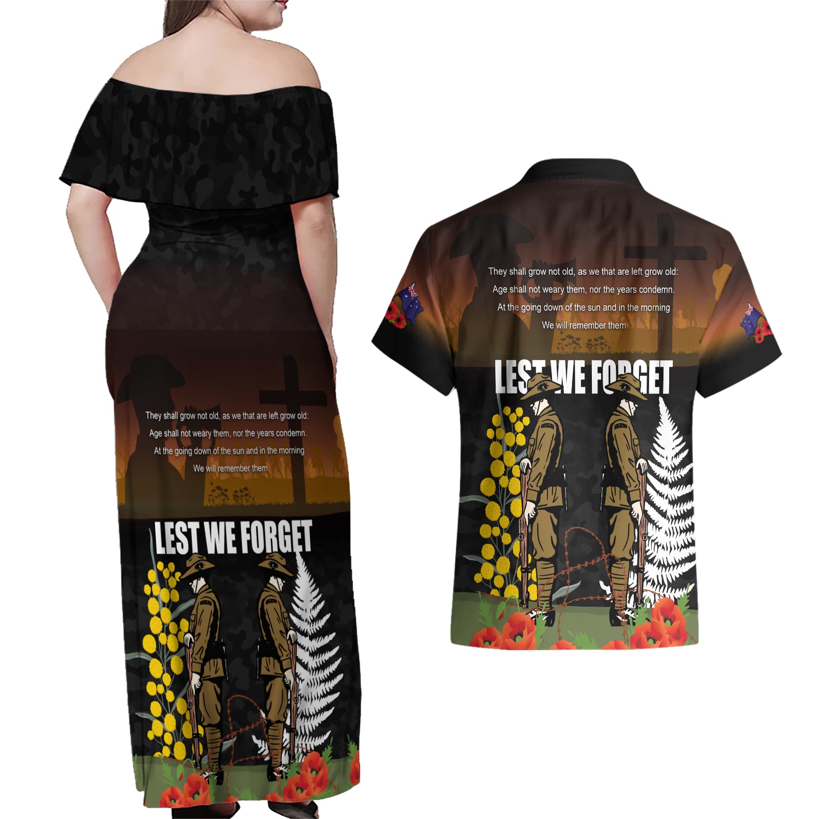 New Zealand and Australia ANZAC Day Couples Matching Off Shoulder Maxi Dress and Hawaiian Shirt Soldier and Last Post Camouflage Pattern
