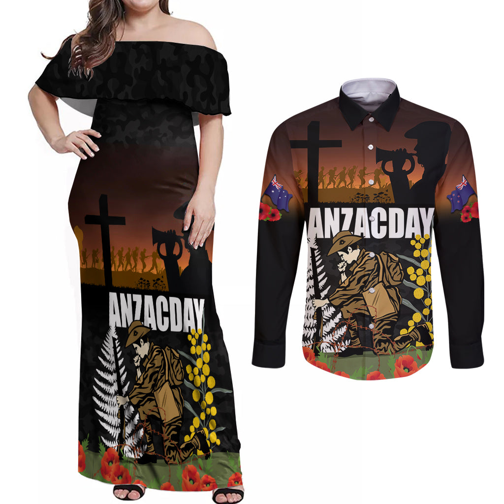 New Zealand and Australia ANZAC Day Couples Matching Off Shoulder Maxi Dress and Long Sleeve Button Shirt Soldier and Last Post Camouflage Pattern