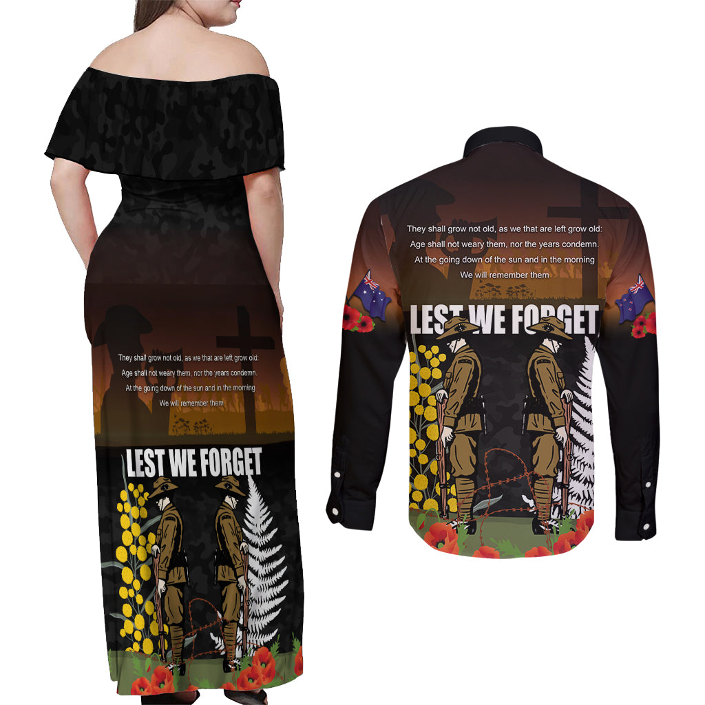 New Zealand and Australia ANZAC Day Couples Matching Off Shoulder Maxi Dress and Long Sleeve Button Shirt Soldier and Last Post Camouflage Pattern
