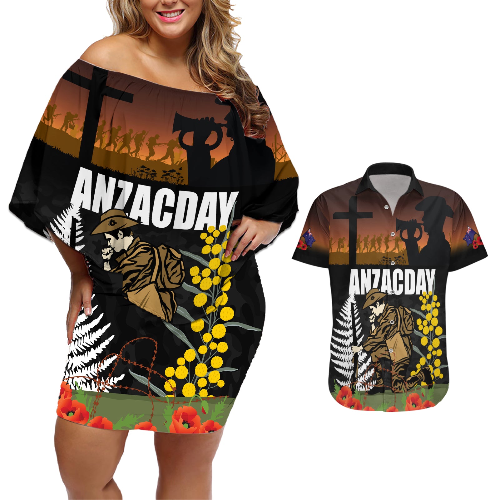 New Zealand and Australia ANZAC Day Couples Matching Off Shoulder Short Dress and Hawaiian Shirt Soldier and Last Post Camouflage Pattern
