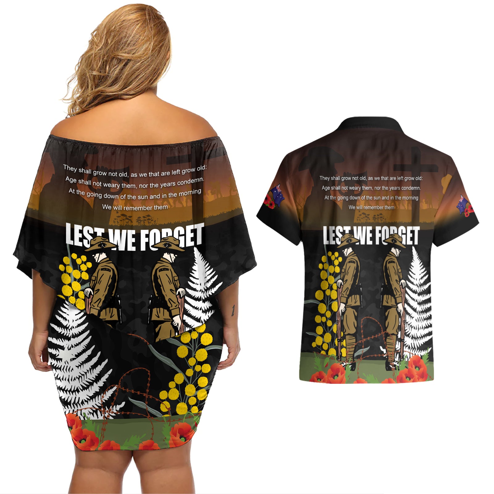 New Zealand and Australia ANZAC Day Couples Matching Off Shoulder Short Dress and Hawaiian Shirt Soldier and Last Post Camouflage Pattern