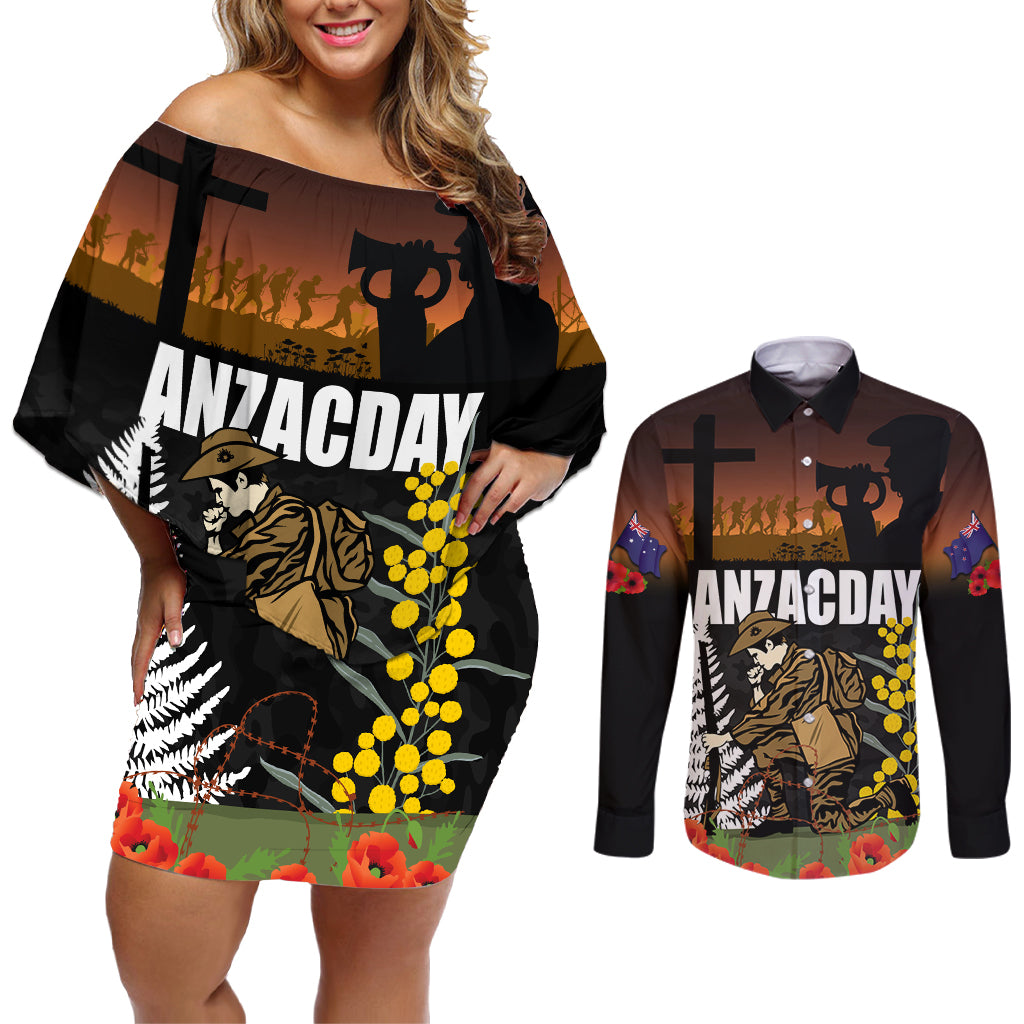 New Zealand and Australia ANZAC Day Couples Matching Off Shoulder Short Dress and Long Sleeve Button Shirt Soldier and Last Post Camouflage Pattern