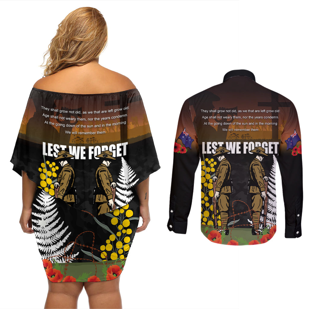 New Zealand and Australia ANZAC Day Couples Matching Off Shoulder Short Dress and Long Sleeve Button Shirt Soldier and Last Post Camouflage Pattern