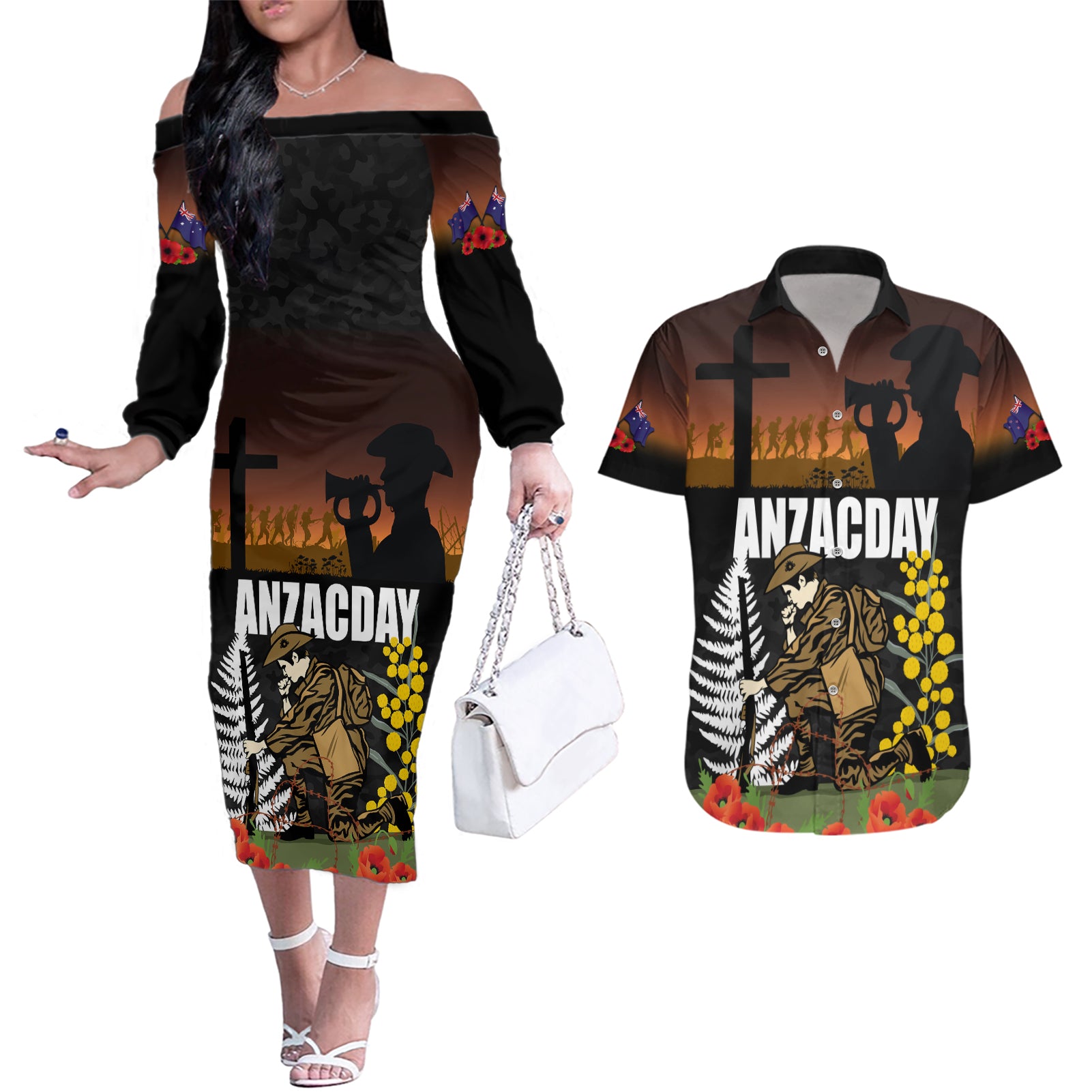 New Zealand and Australia ANZAC Day Couples Matching Off The Shoulder Long Sleeve Dress and Hawaiian Shirt Soldier and Last Post Camouflage Pattern