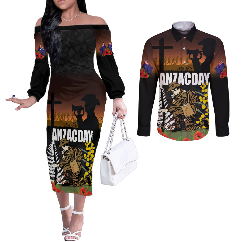 New Zealand and Australia ANZAC Day Couples Matching Off The Shoulder Long Sleeve Dress and Long Sleeve Button Shirt Soldier and Last Post Camouflage Pattern