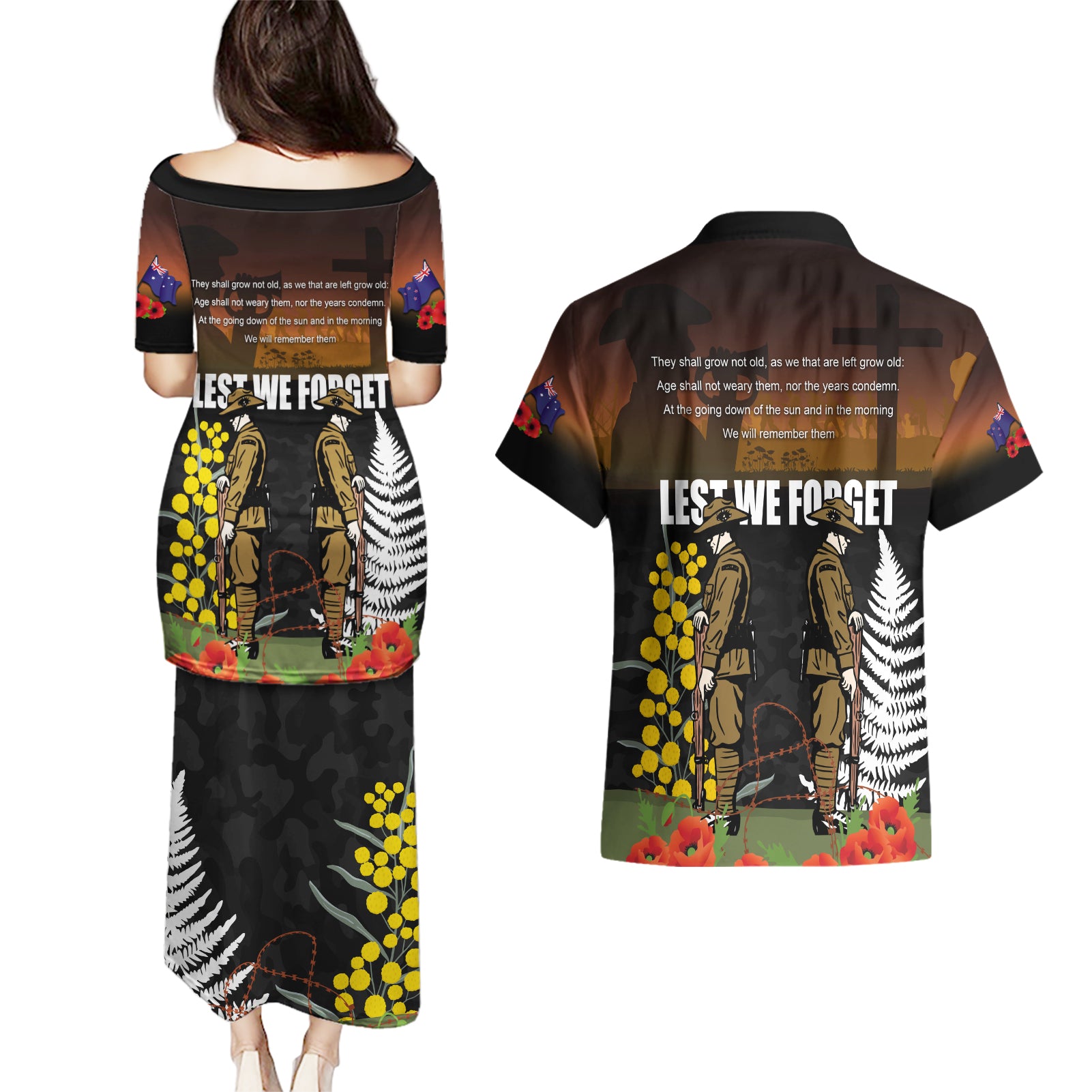 New Zealand and Australia ANZAC Day Couples Matching Puletasi and Hawaiian Shirt Soldier and Last Post Camouflage Pattern