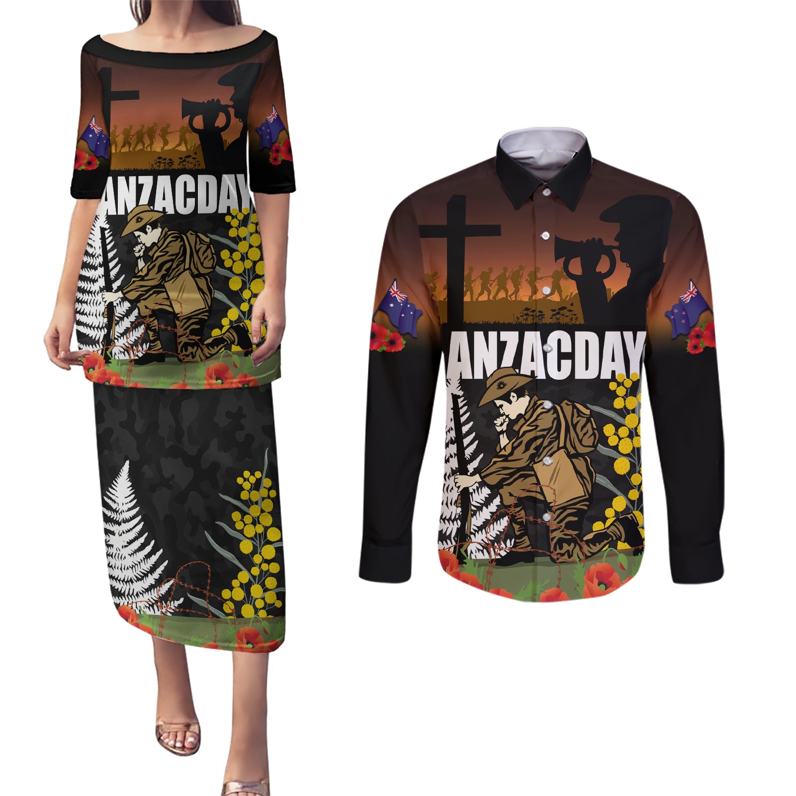 New Zealand and Australia ANZAC Day Couples Matching Puletasi and Long Sleeve Button Shirt Soldier and Last Post Camouflage Pattern