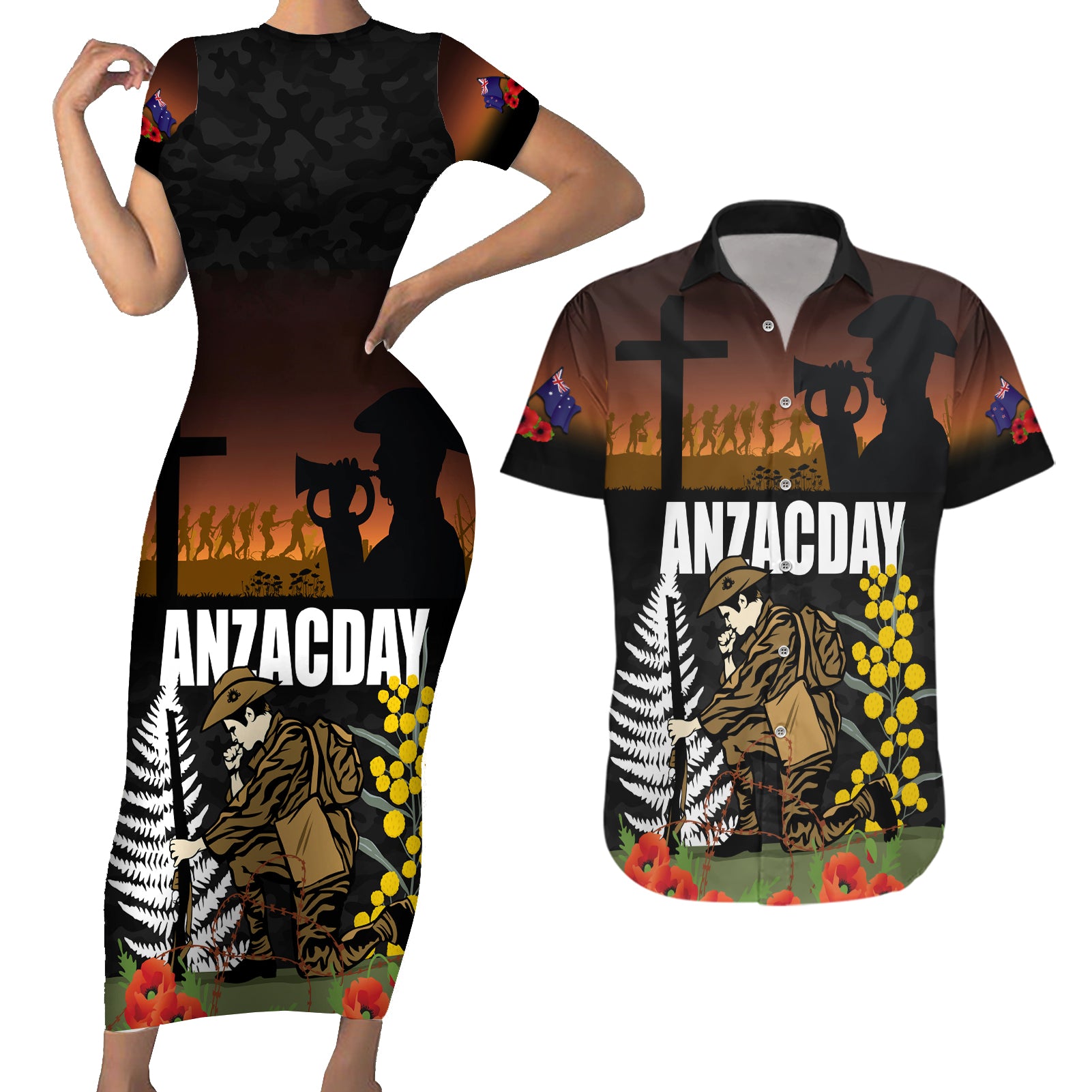 New Zealand and Australia ANZAC Day Couples Matching Short Sleeve Bodycon Dress and Hawaiian Shirt Soldier and Last Post Camouflage Pattern