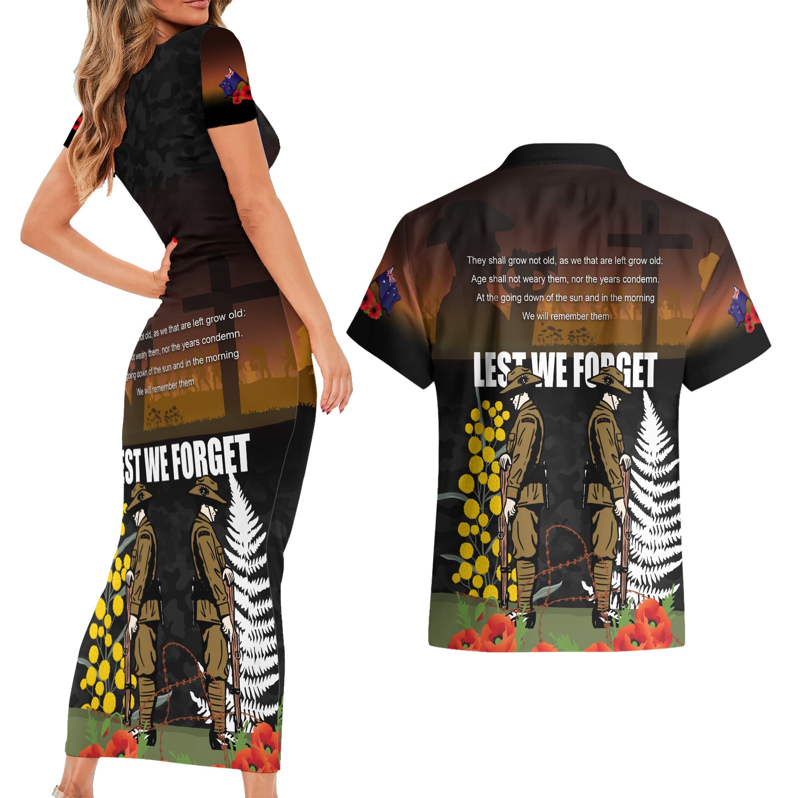 New Zealand and Australia ANZAC Day Couples Matching Short Sleeve Bodycon Dress and Hawaiian Shirt Soldier and Last Post Camouflage Pattern