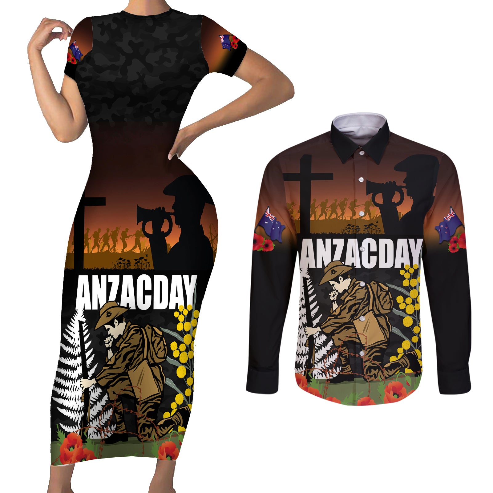 New Zealand and Australia ANZAC Day Couples Matching Short Sleeve Bodycon Dress and Long Sleeve Button Shirt Soldier and Last Post Camouflage Pattern