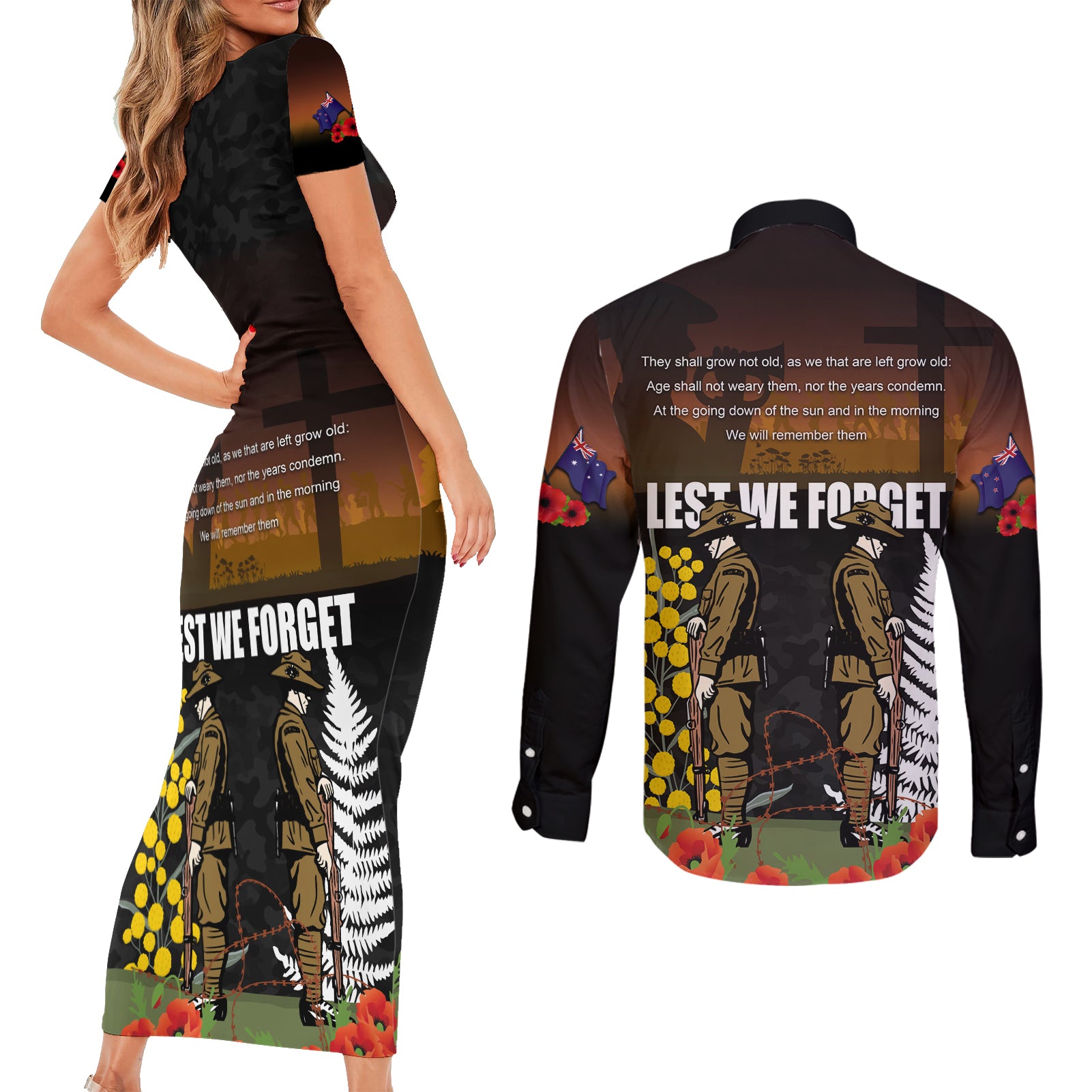 New Zealand and Australia ANZAC Day Couples Matching Short Sleeve Bodycon Dress and Long Sleeve Button Shirt Soldier and Last Post Camouflage Pattern