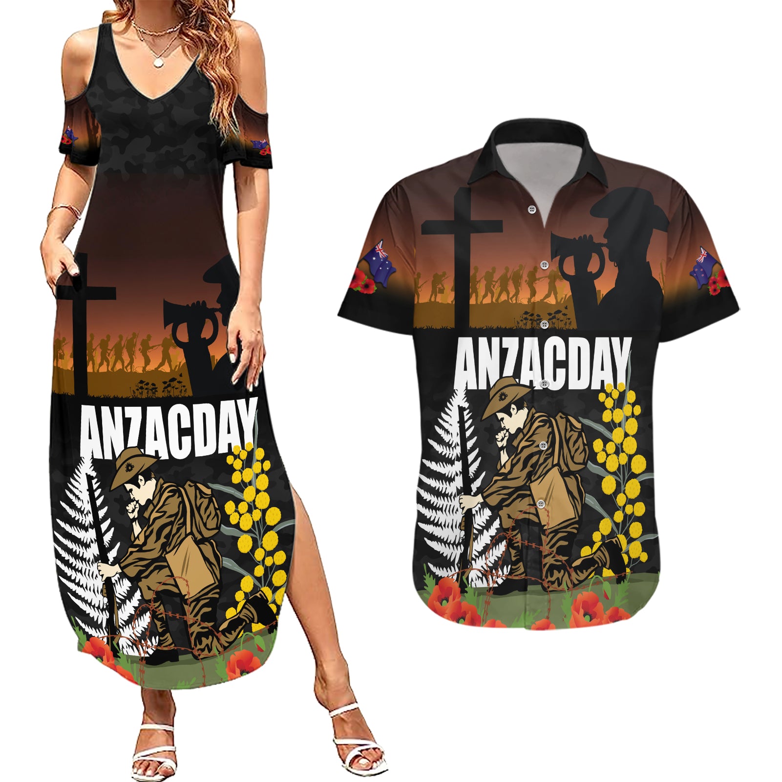 New Zealand and Australia ANZAC Day Couples Matching Summer Maxi Dress and Hawaiian Shirt Soldier and Last Post Camouflage Pattern