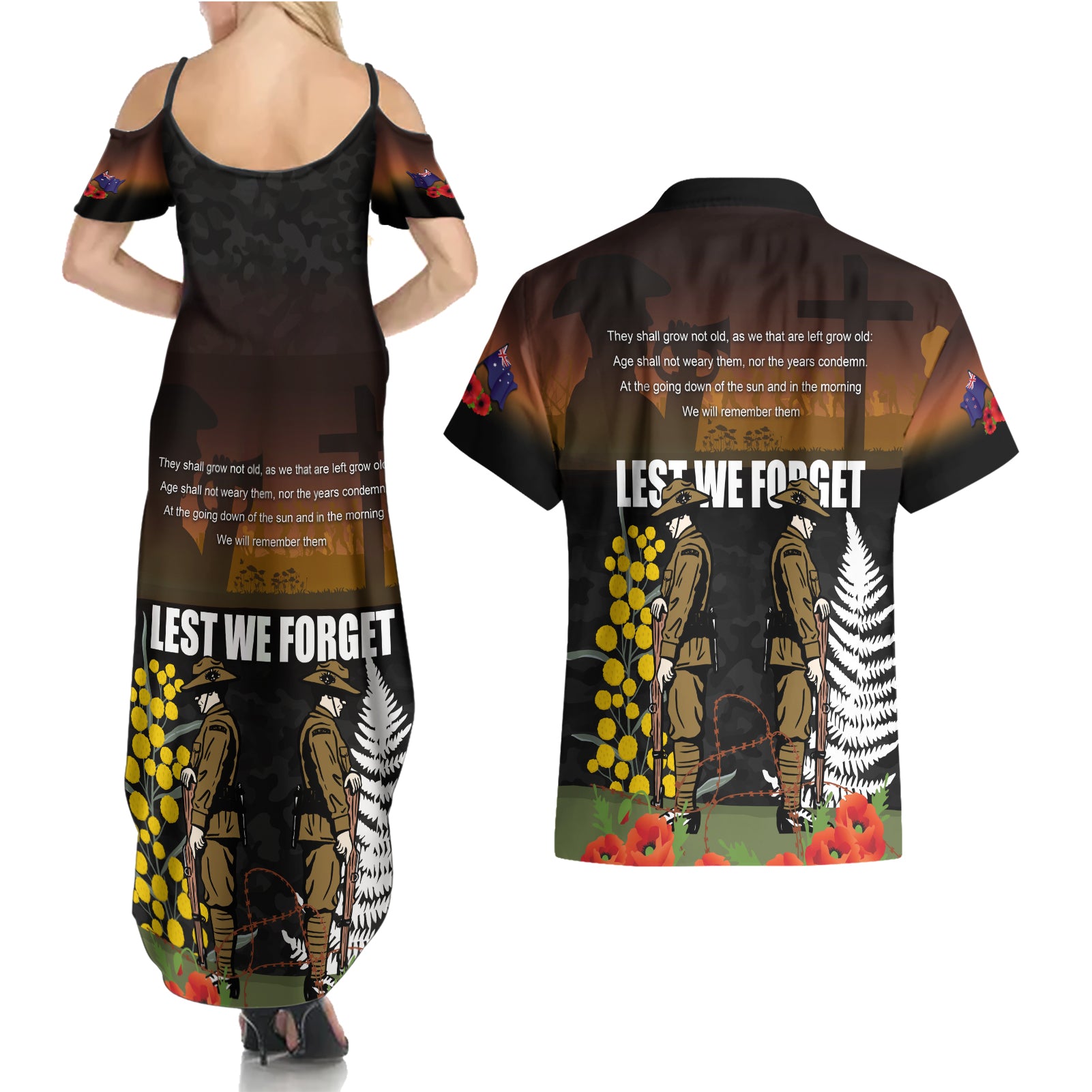 New Zealand and Australia ANZAC Day Couples Matching Summer Maxi Dress and Hawaiian Shirt Soldier and Last Post Camouflage Pattern