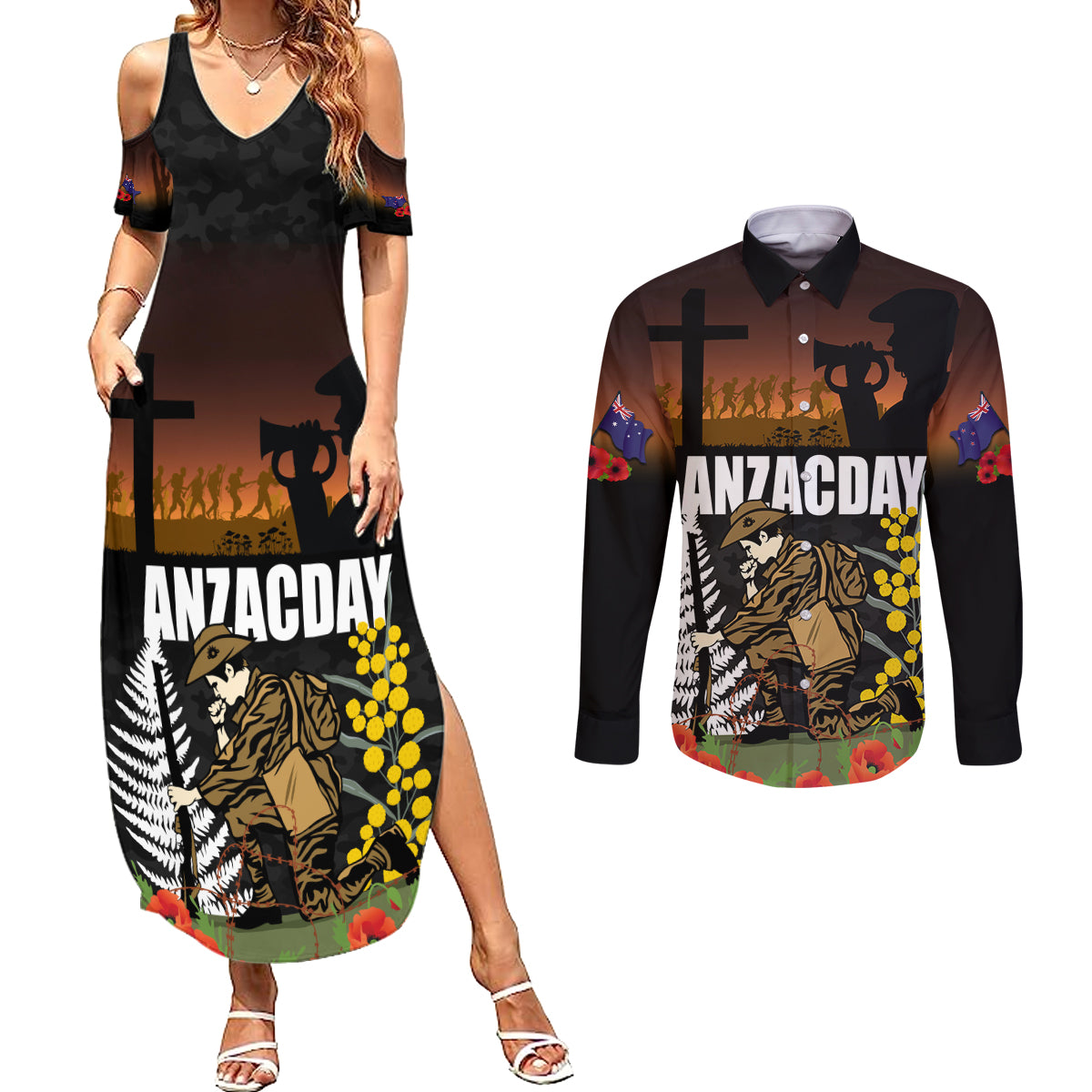 New Zealand and Australia ANZAC Day Couples Matching Summer Maxi Dress and Long Sleeve Button Shirt Soldier and Last Post Camouflage Pattern
