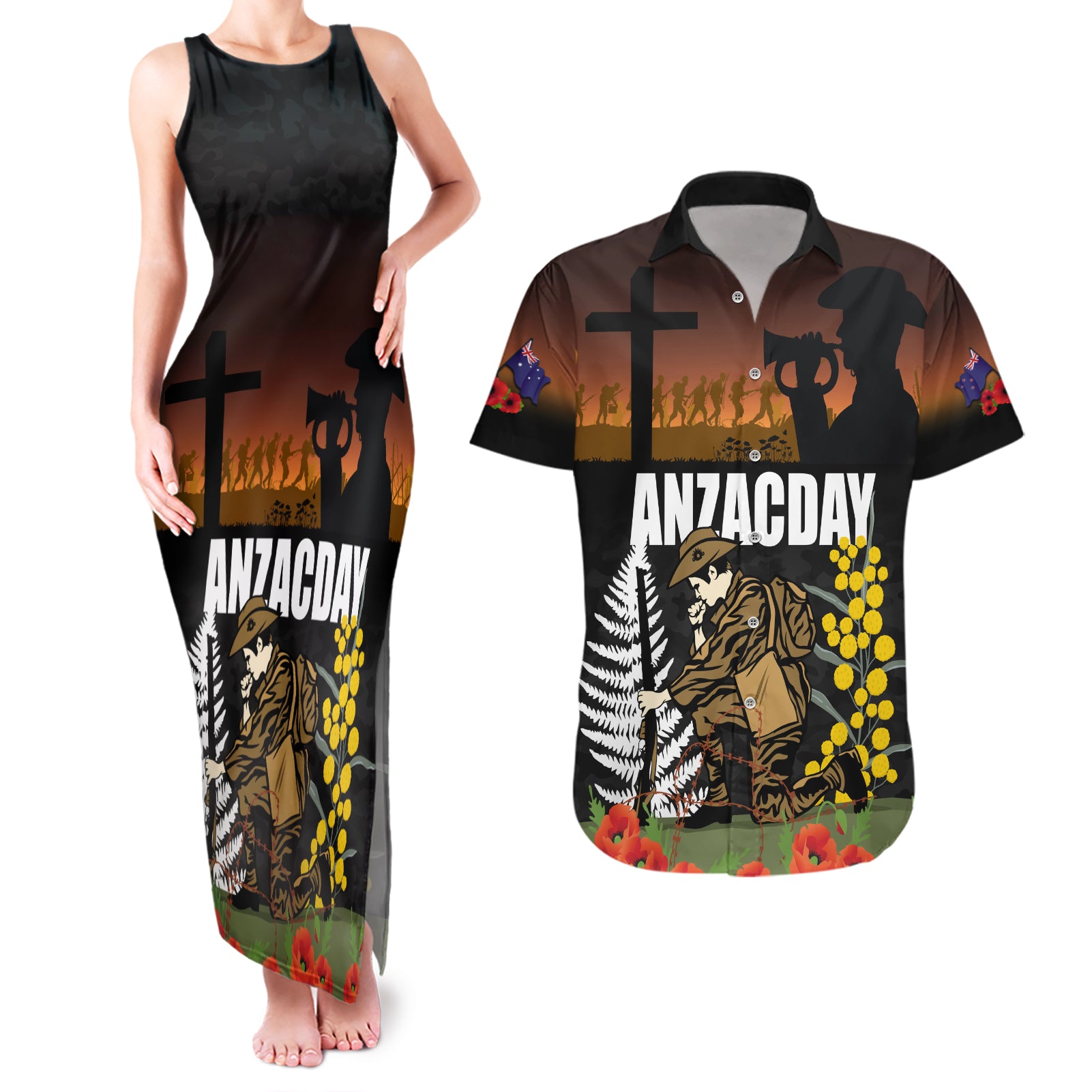 New Zealand and Australia ANZAC Day Couples Matching Tank Maxi Dress and Hawaiian Shirt Soldier and Last Post Camouflage Pattern