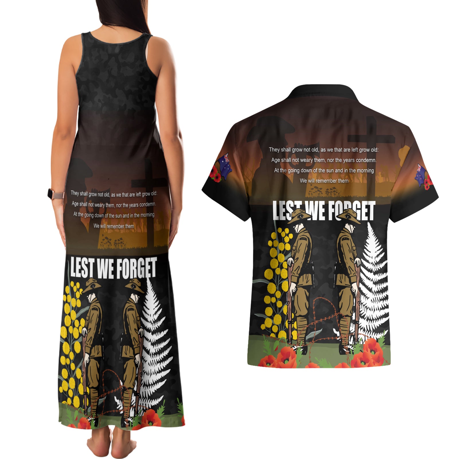 New Zealand and Australia ANZAC Day Couples Matching Tank Maxi Dress and Hawaiian Shirt Soldier and Last Post Camouflage Pattern