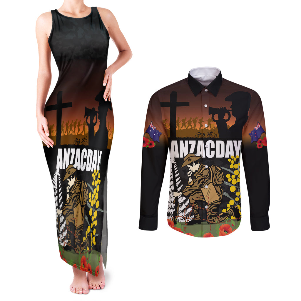 New Zealand and Australia ANZAC Day Couples Matching Tank Maxi Dress and Long Sleeve Button Shirt Soldier and Last Post Camouflage Pattern
