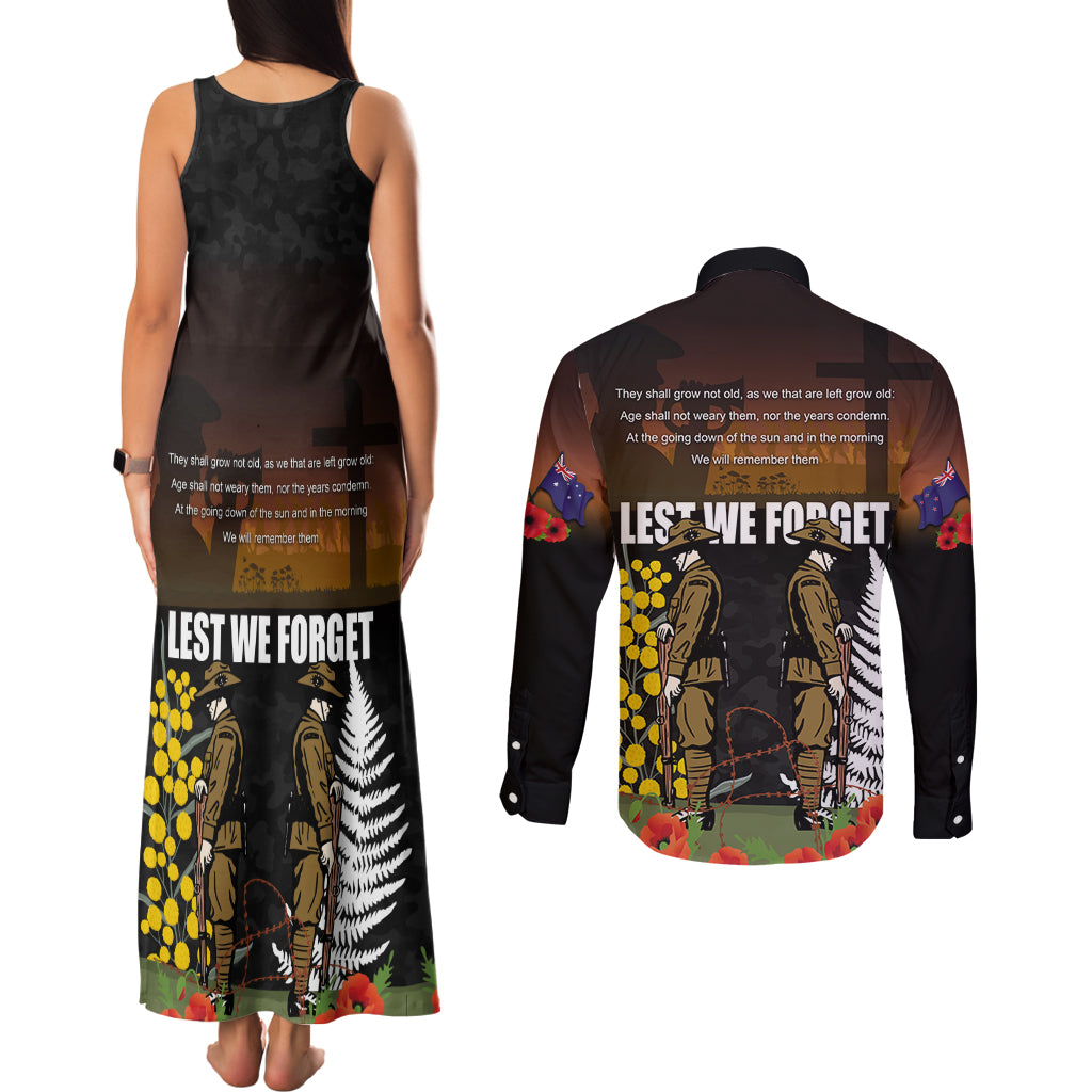 New Zealand and Australia ANZAC Day Couples Matching Tank Maxi Dress and Long Sleeve Button Shirt Soldier and Last Post Camouflage Pattern