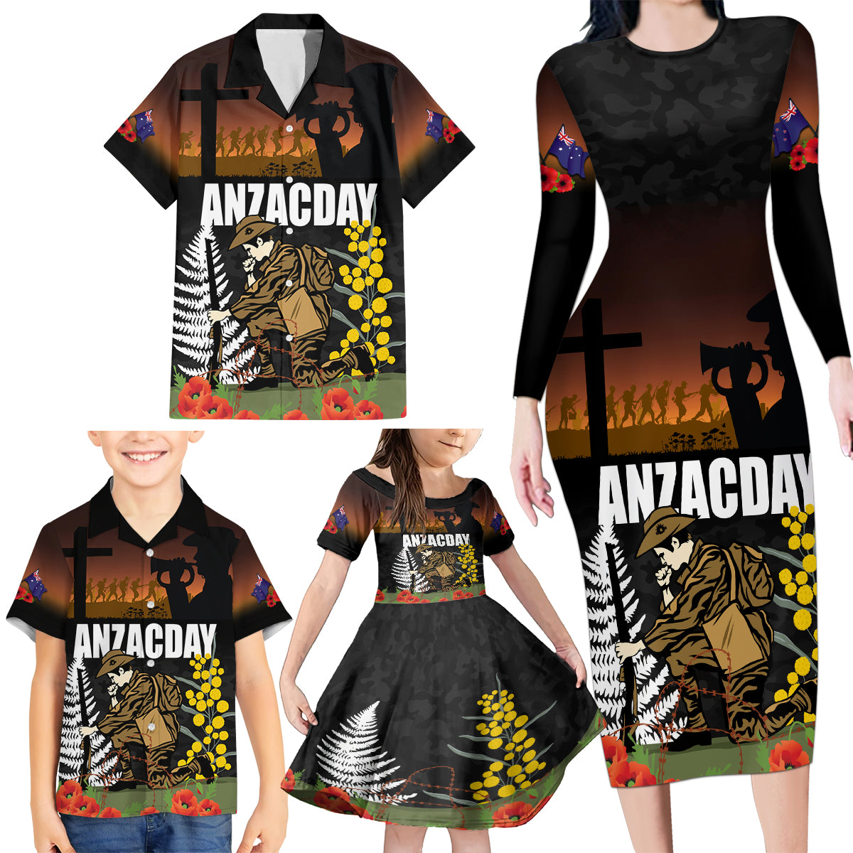 New Zealand and Australia ANZAC Day Family Matching Long Sleeve Bodycon Dress and Hawaiian Shirt Soldier and Last Post Camouflage Pattern