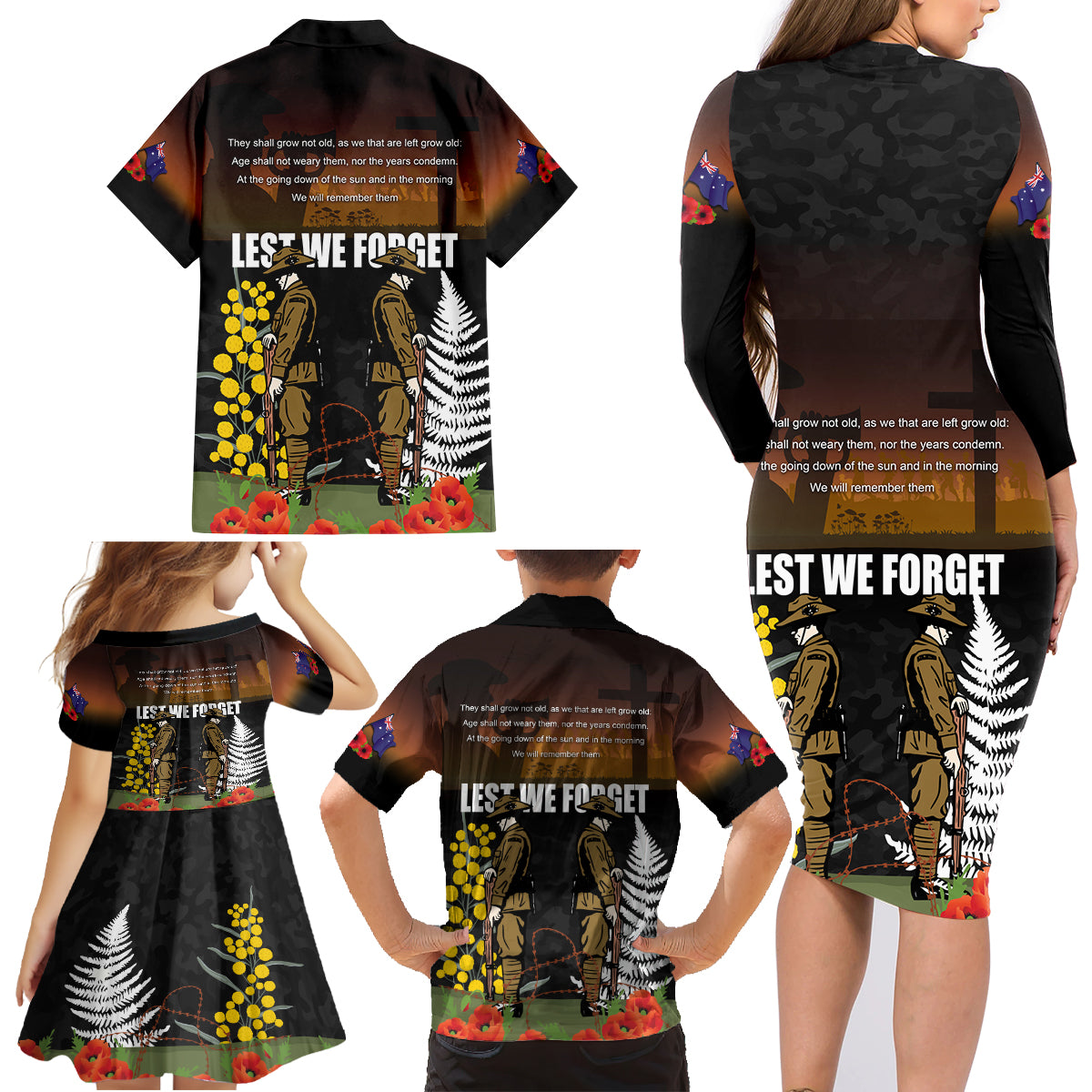 New Zealand and Australia ANZAC Day Family Matching Long Sleeve Bodycon Dress and Hawaiian Shirt Soldier and Last Post Camouflage Pattern