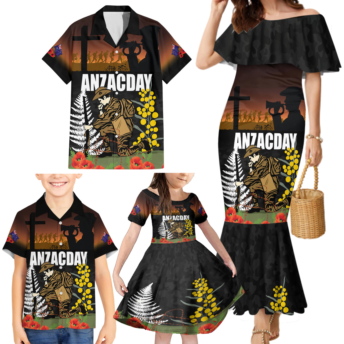 New Zealand and Australia ANZAC Day Family Matching Mermaid Dress and Hawaiian Shirt Soldier and Last Post Camouflage Pattern