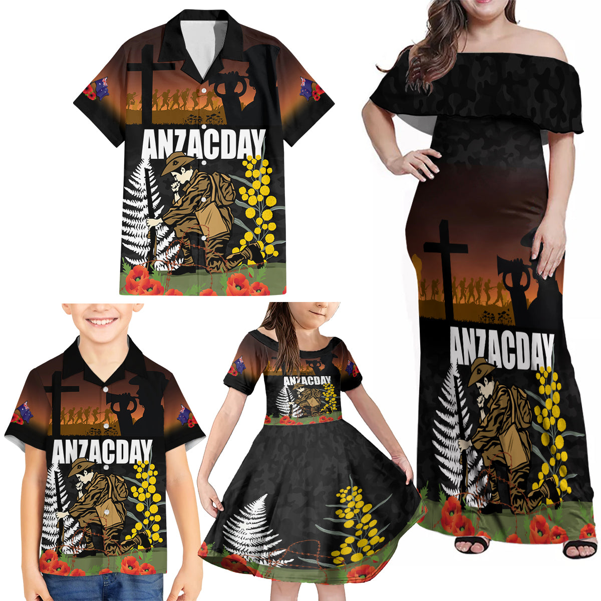 New Zealand and Australia ANZAC Day Family Matching Off Shoulder Maxi Dress and Hawaiian Shirt Soldier and Last Post Camouflage Pattern