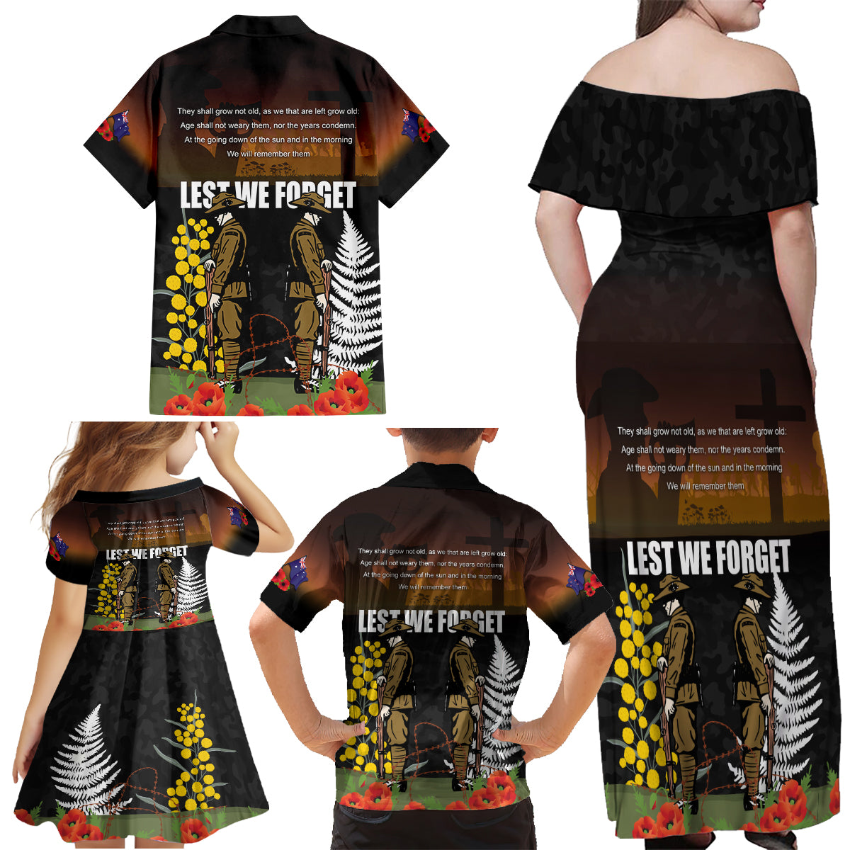 New Zealand and Australia ANZAC Day Family Matching Off Shoulder Maxi Dress and Hawaiian Shirt Soldier and Last Post Camouflage Pattern
