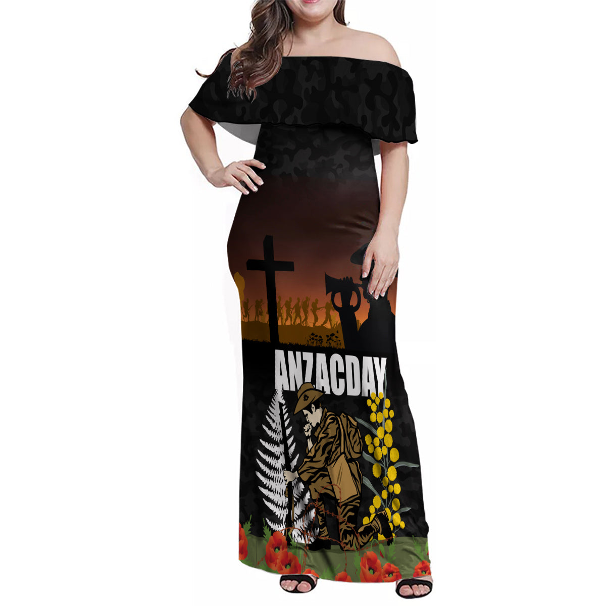 New Zealand and Australia ANZAC Day Family Matching Off Shoulder Maxi Dress and Hawaiian Shirt Soldier and Last Post Camouflage Pattern