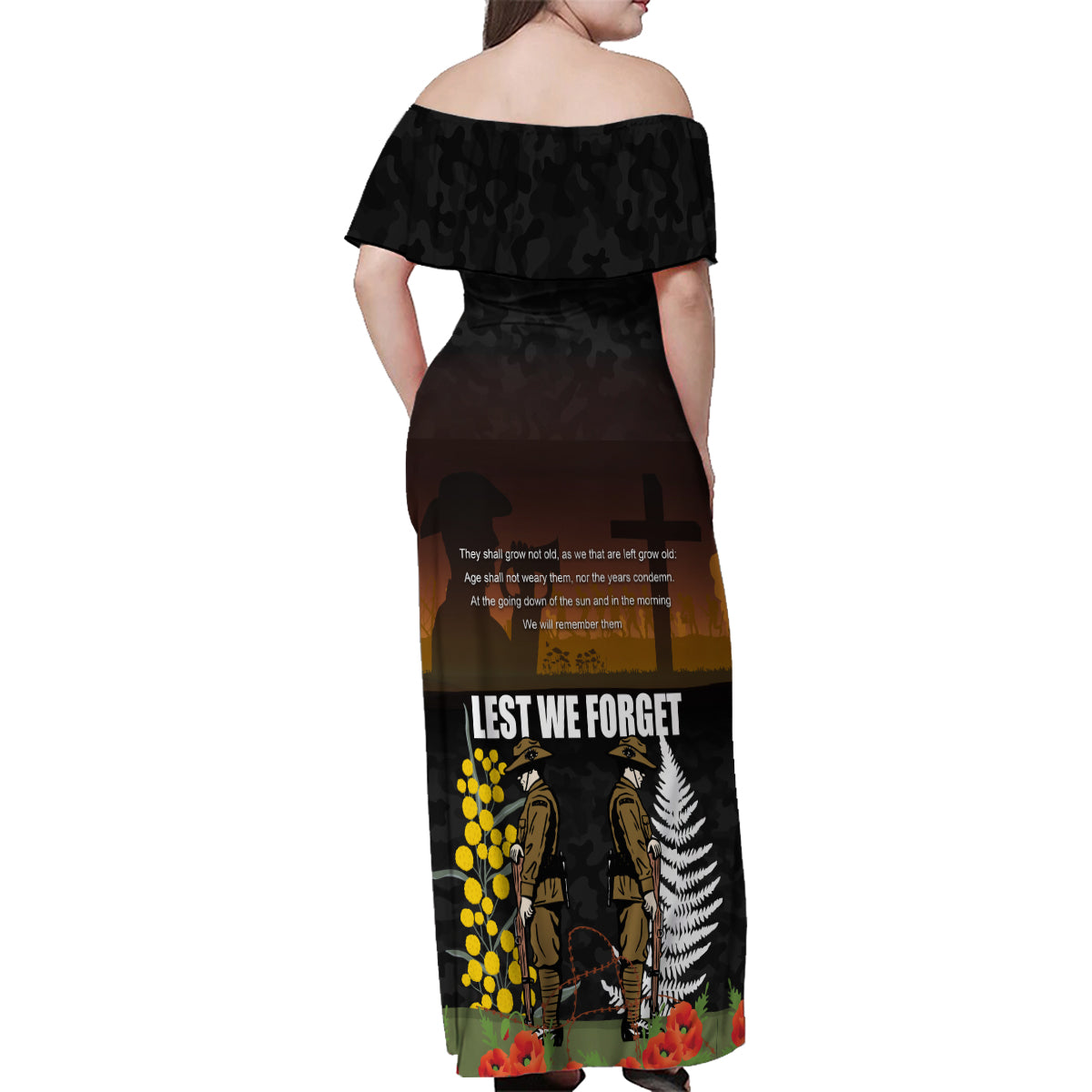 New Zealand and Australia ANZAC Day Family Matching Off Shoulder Maxi Dress and Hawaiian Shirt Soldier and Last Post Camouflage Pattern