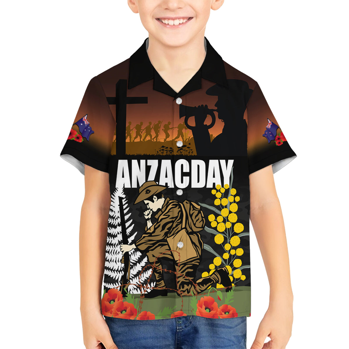 New Zealand and Australia ANZAC Day Family Matching Off Shoulder Maxi Dress and Hawaiian Shirt Soldier and Last Post Camouflage Pattern