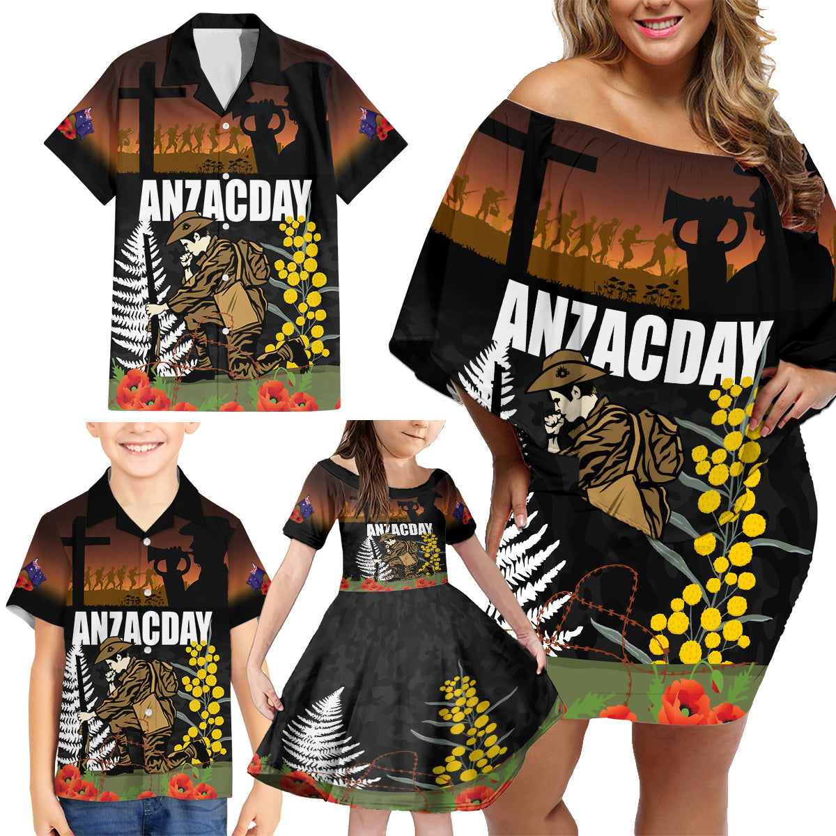 New Zealand and Australia ANZAC Day Family Matching Off Shoulder Short Dress and Hawaiian Shirt Soldier and Last Post Camouflage Pattern