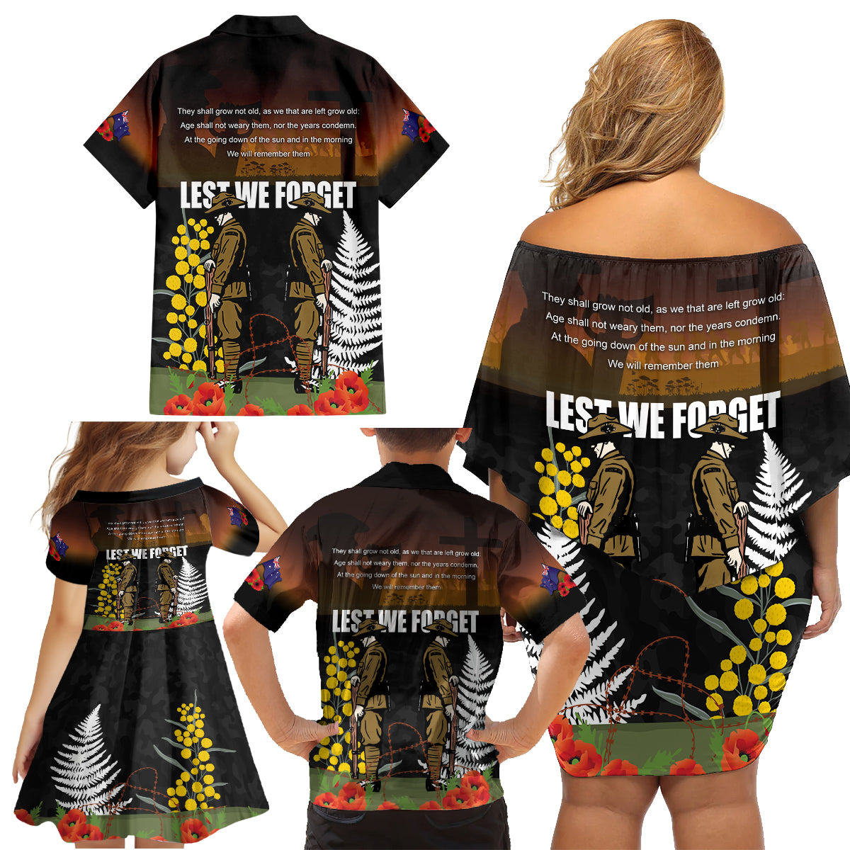 New Zealand and Australia ANZAC Day Family Matching Off Shoulder Short Dress and Hawaiian Shirt Soldier and Last Post Camouflage Pattern