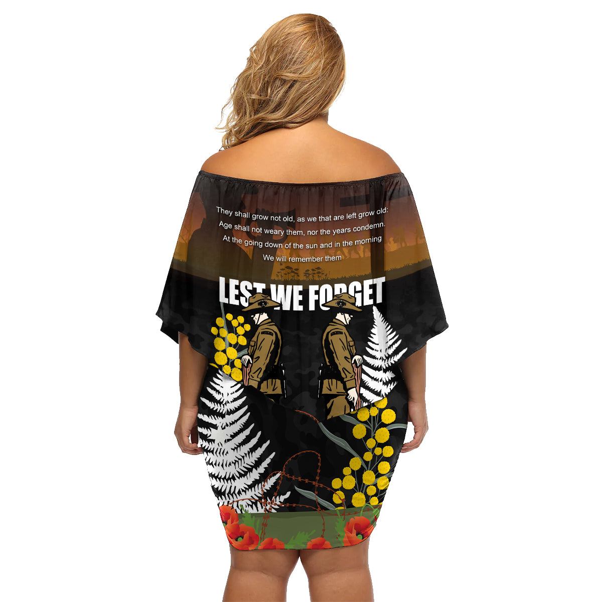 New Zealand and Australia ANZAC Day Family Matching Off Shoulder Short Dress and Hawaiian Shirt Soldier and Last Post Camouflage Pattern