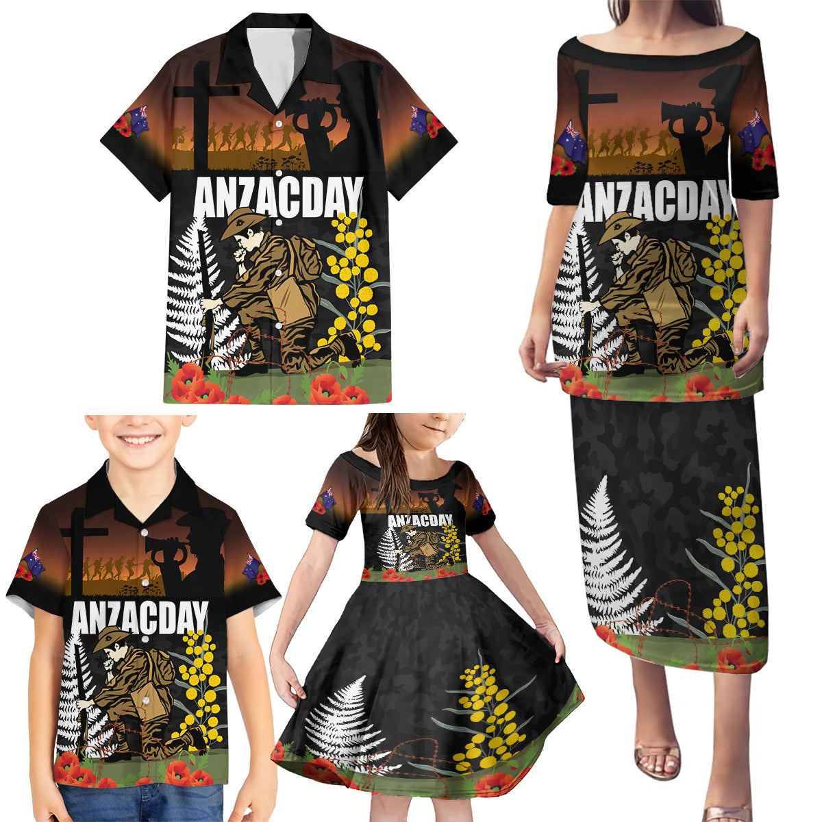 New Zealand and Australia ANZAC Day Family Matching Puletasi and Hawaiian Shirt Soldier and Last Post Camouflage Pattern