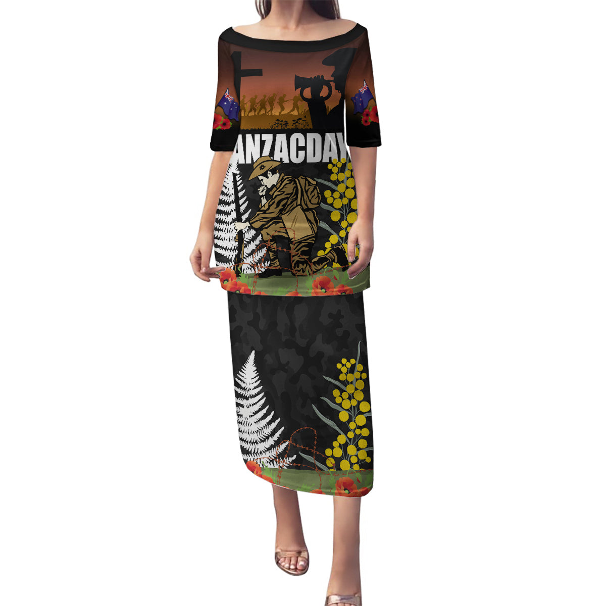 New Zealand and Australia ANZAC Day Family Matching Puletasi and Hawaiian Shirt Soldier and Last Post Camouflage Pattern