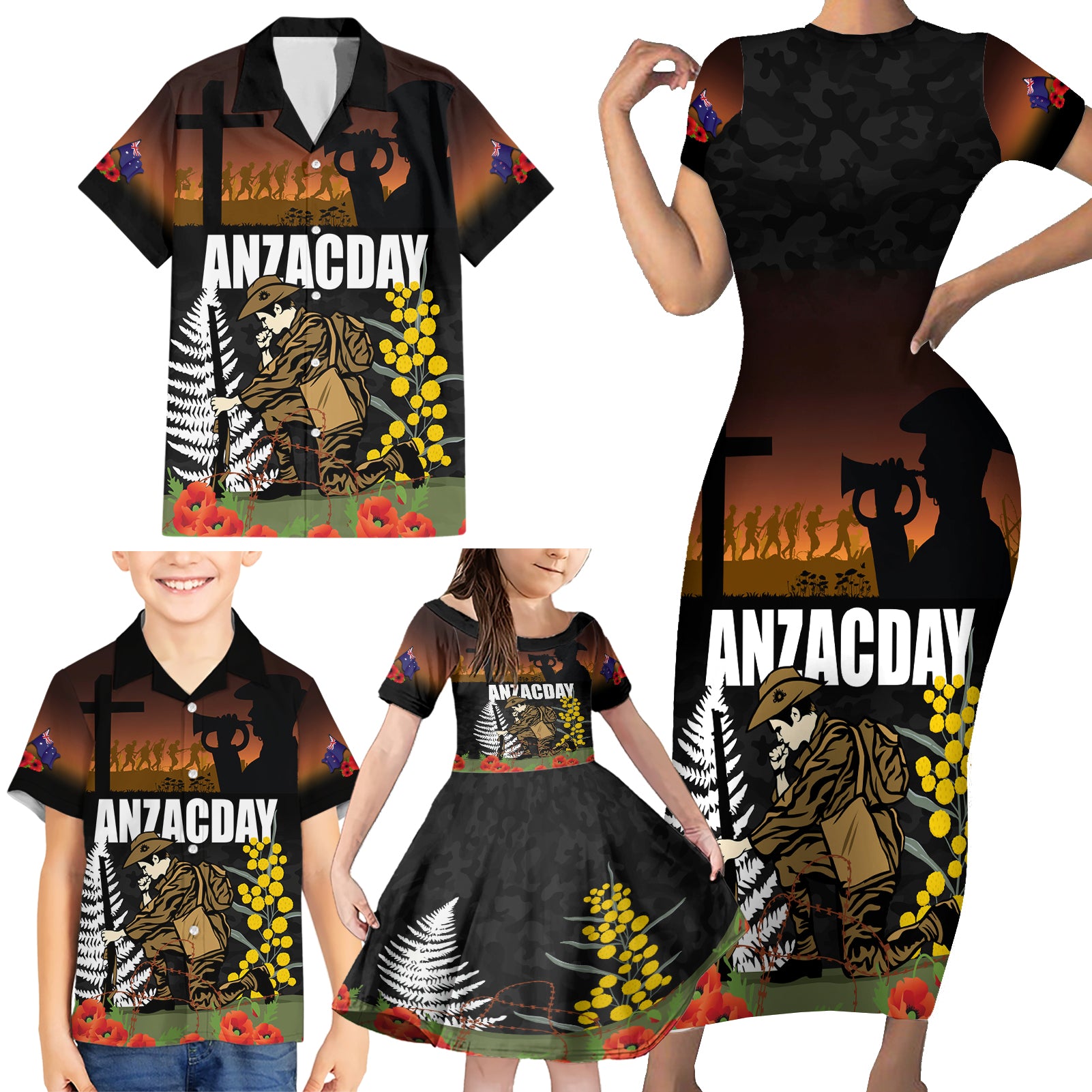 New Zealand and Australia ANZAC Day Family Matching Short Sleeve Bodycon Dress and Hawaiian Shirt Soldier and Last Post Camouflage Pattern