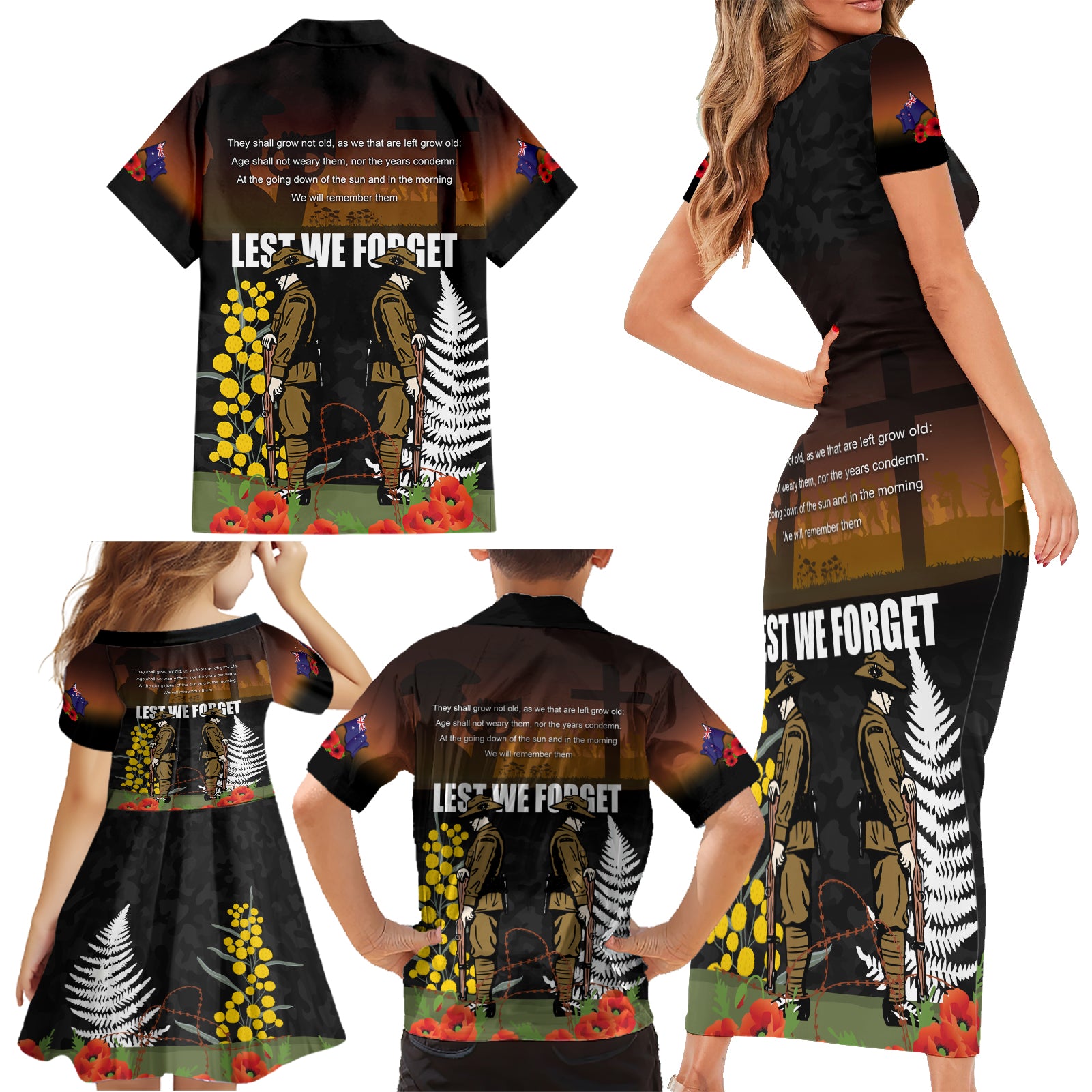New Zealand and Australia ANZAC Day Family Matching Short Sleeve Bodycon Dress and Hawaiian Shirt Soldier and Last Post Camouflage Pattern