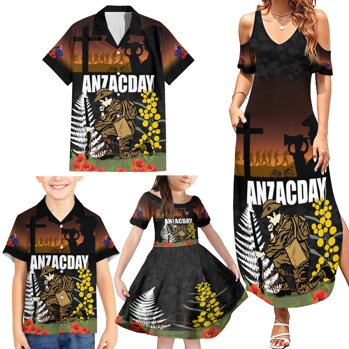 New Zealand and Australia ANZAC Day Family Matching Summer Maxi Dress and Hawaiian Shirt Soldier and Last Post Camouflage Pattern