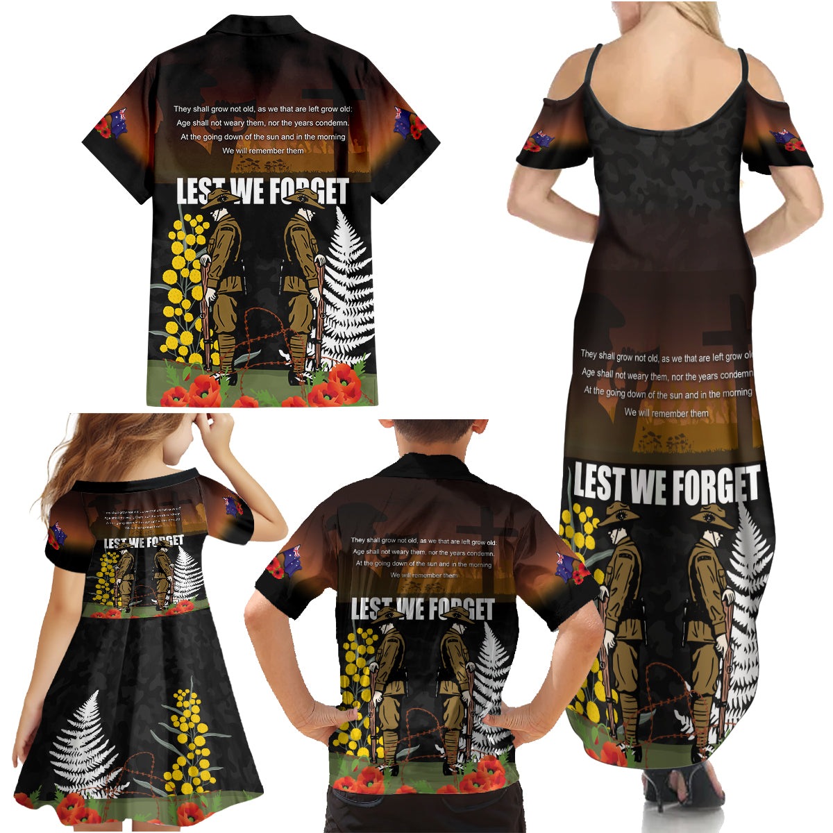 New Zealand and Australia ANZAC Day Family Matching Summer Maxi Dress and Hawaiian Shirt Soldier and Last Post Camouflage Pattern