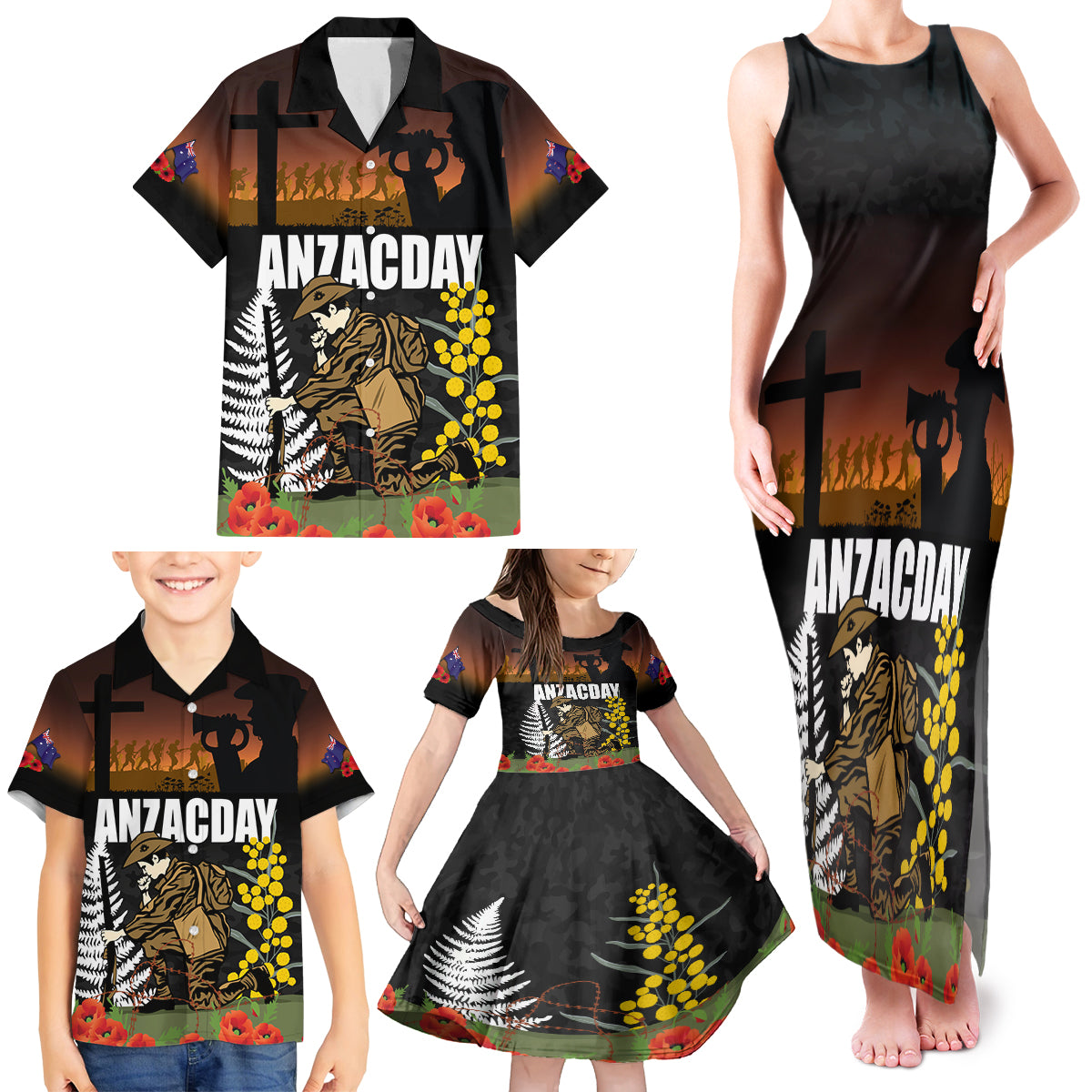 New Zealand and Australia ANZAC Day Family Matching Tank Maxi Dress and Hawaiian Shirt Soldier and Last Post Camouflage Pattern