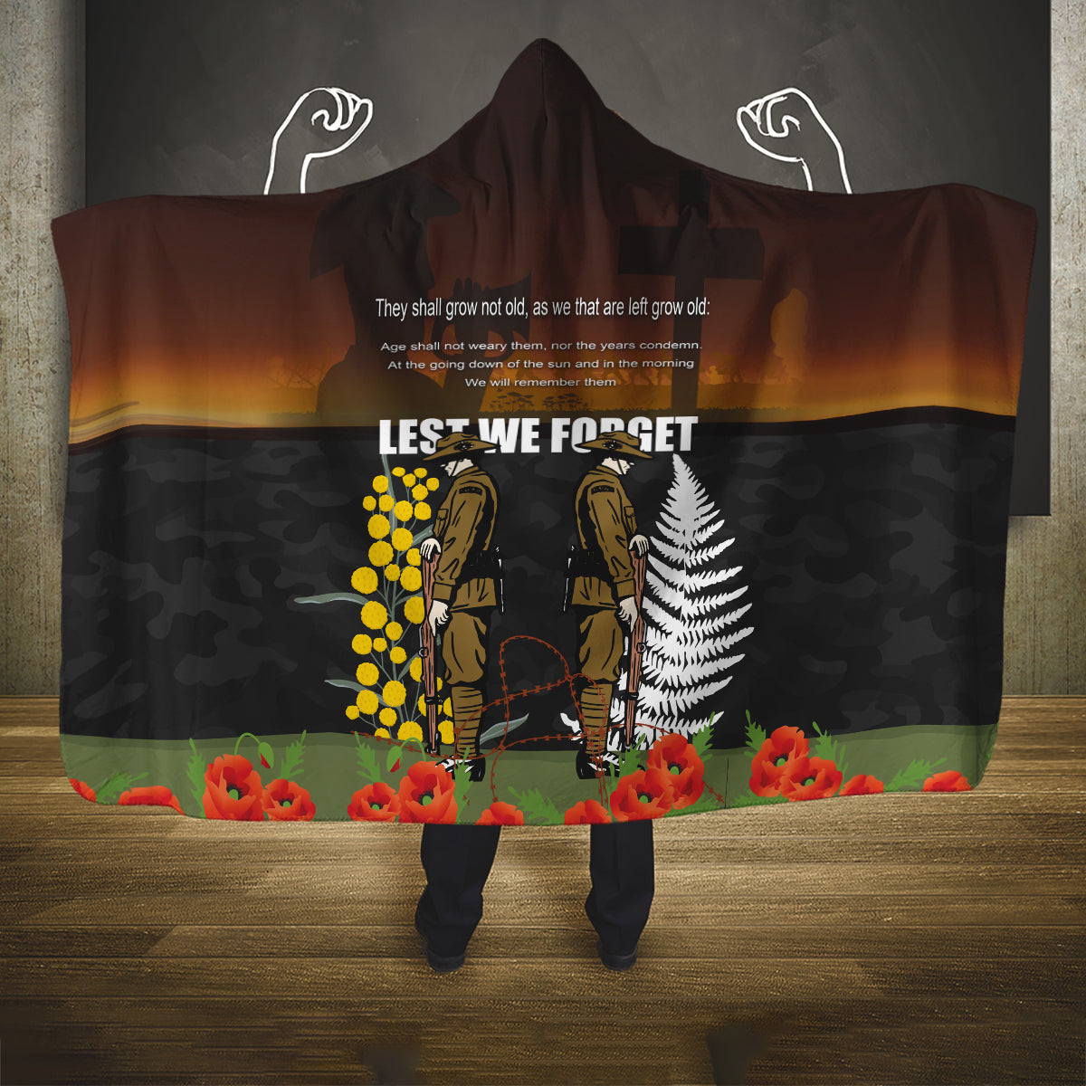 New Zealand and Australia ANZAC Day Hooded Blanket Soldier and Last Post Camouflage Pattern