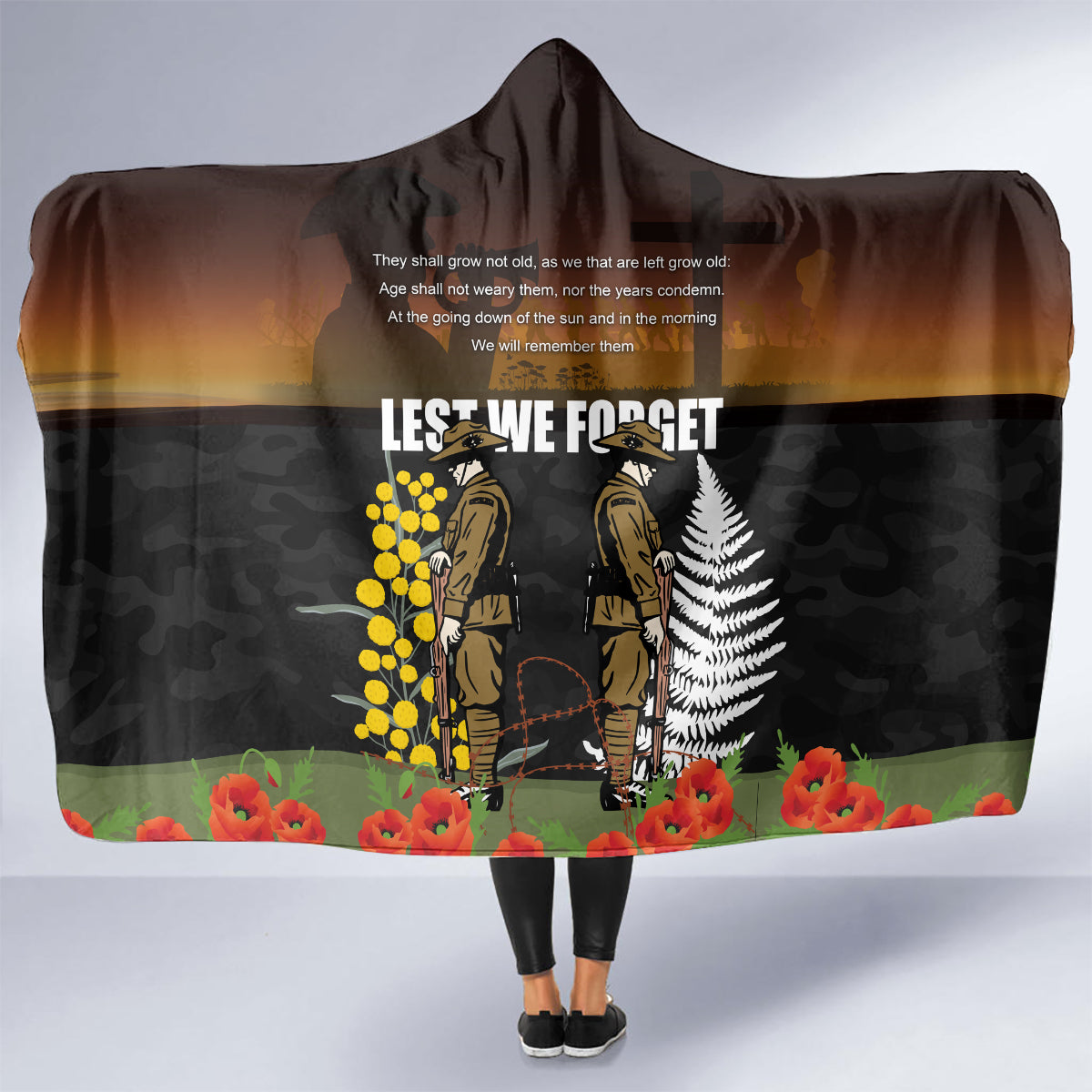 New Zealand and Australia ANZAC Day Hooded Blanket Soldier and Last Post Camouflage Pattern