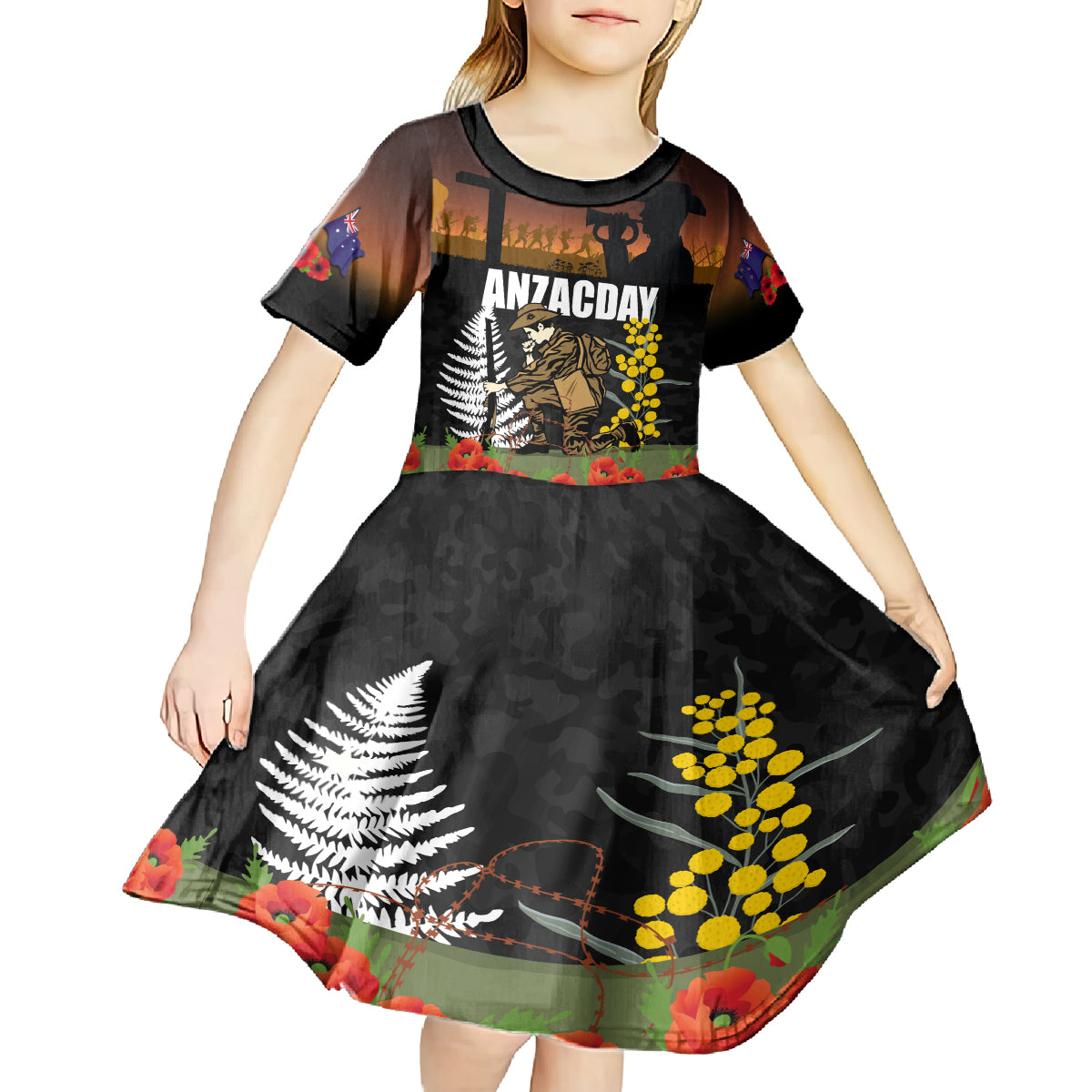 New Zealand and Australia ANZAC Day Kid Short Sleeve Dress Soldier and Last Post Camouflage Pattern - Vibe Hoodie Shop