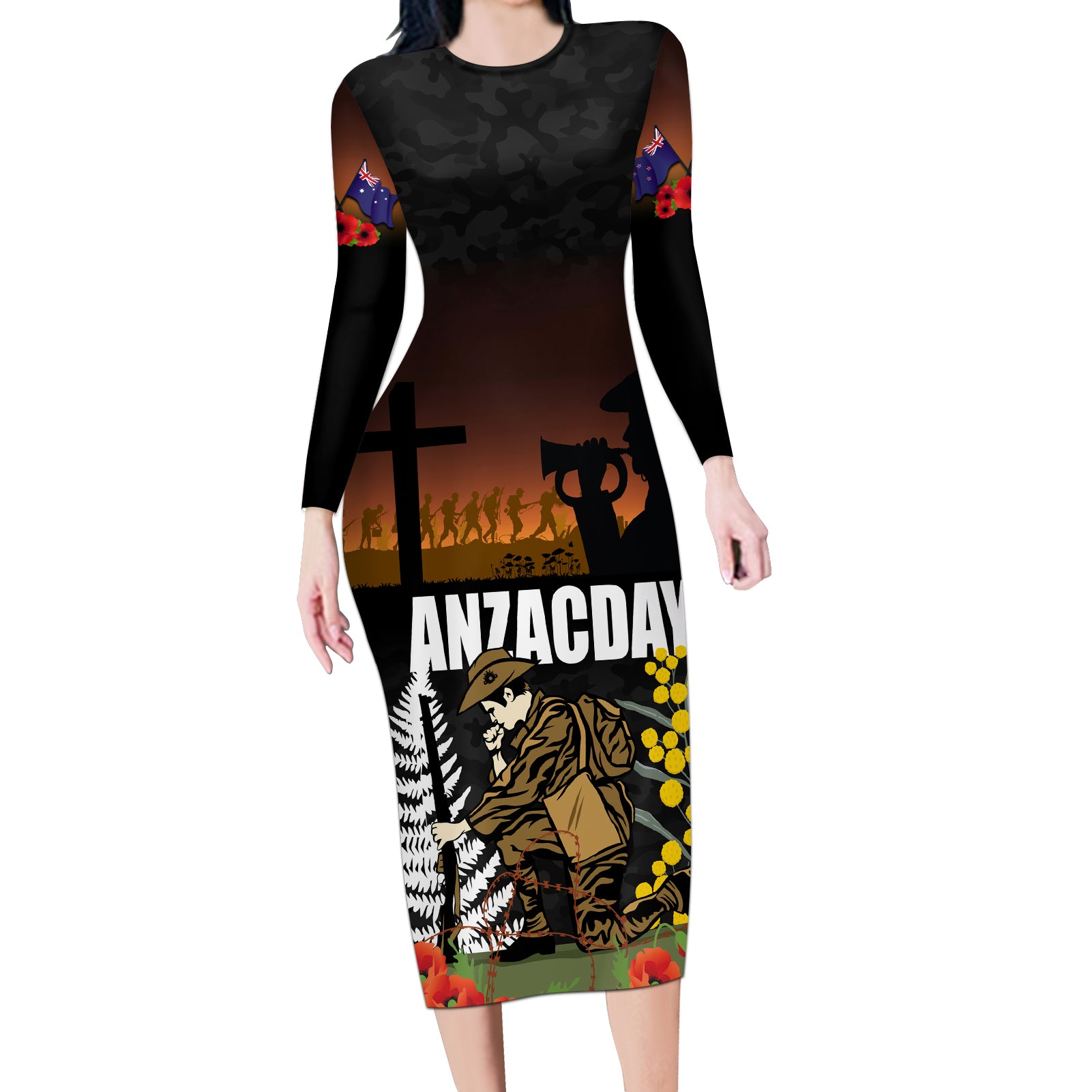 New Zealand and Australia ANZAC Day Long Sleeve Bodycon Dress Soldier and Last Post Camouflage Pattern