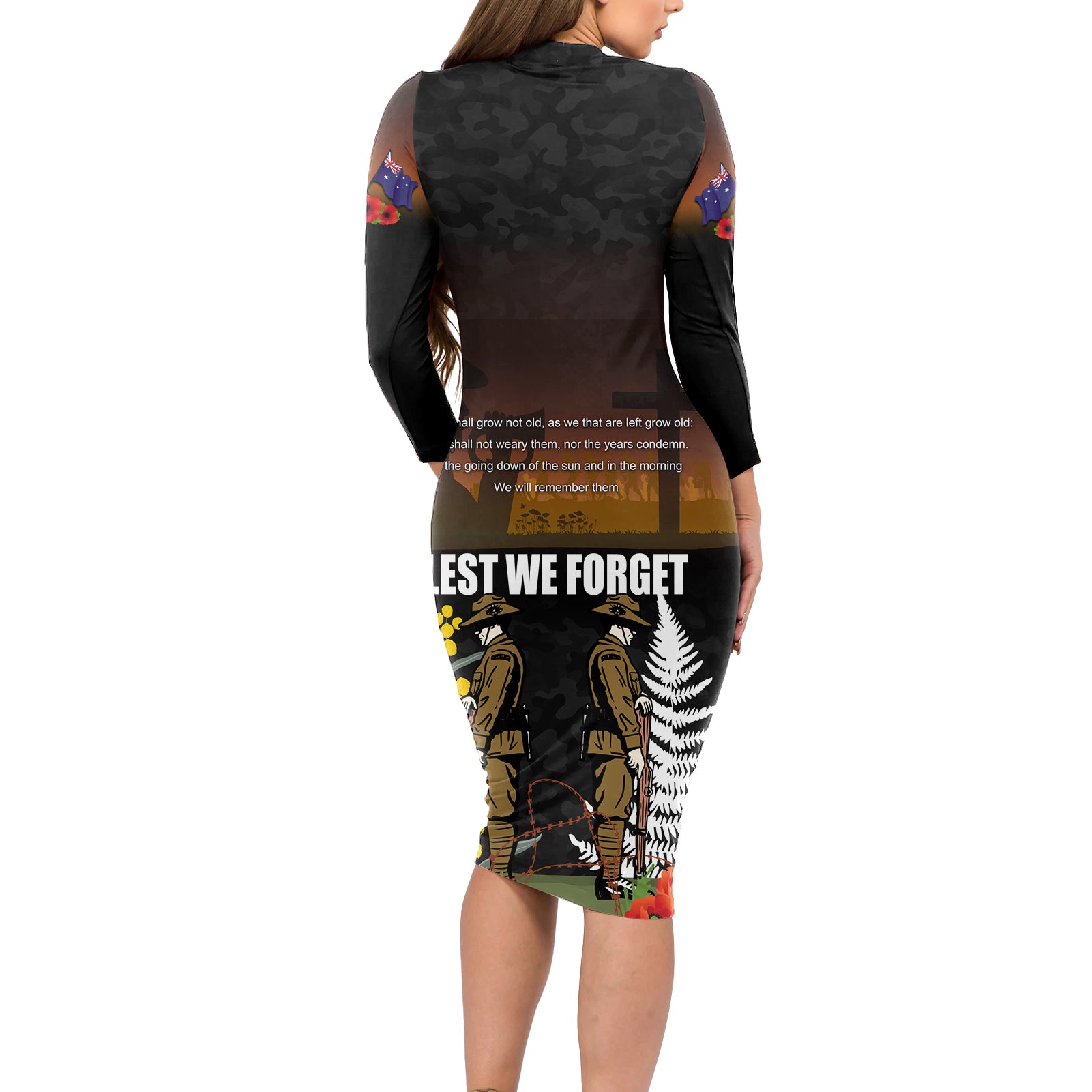 New Zealand and Australia ANZAC Day Long Sleeve Bodycon Dress Soldier and Last Post Camouflage Pattern