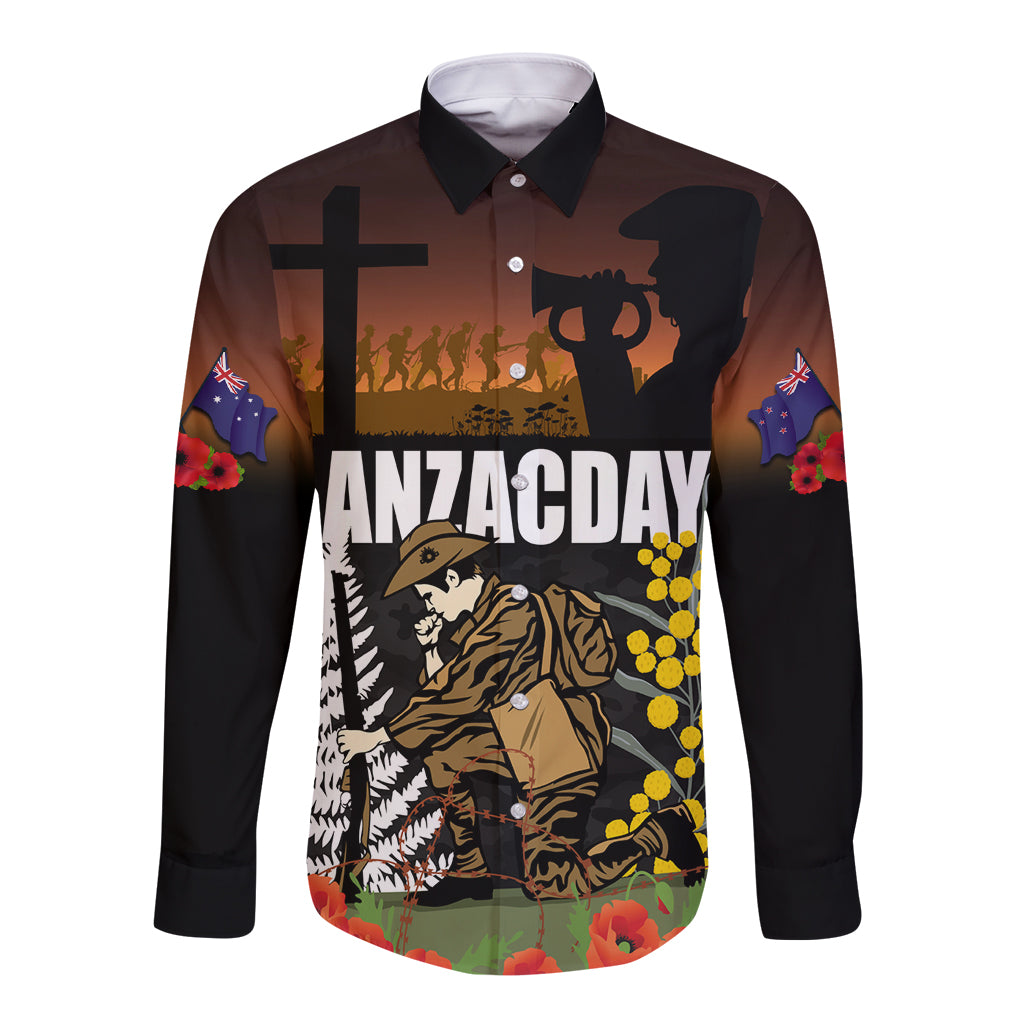 New Zealand and Australia ANZAC Day Long Sleeve Button Shirt Soldier and Last Post Camouflage Pattern - Vibe Hoodie Shop