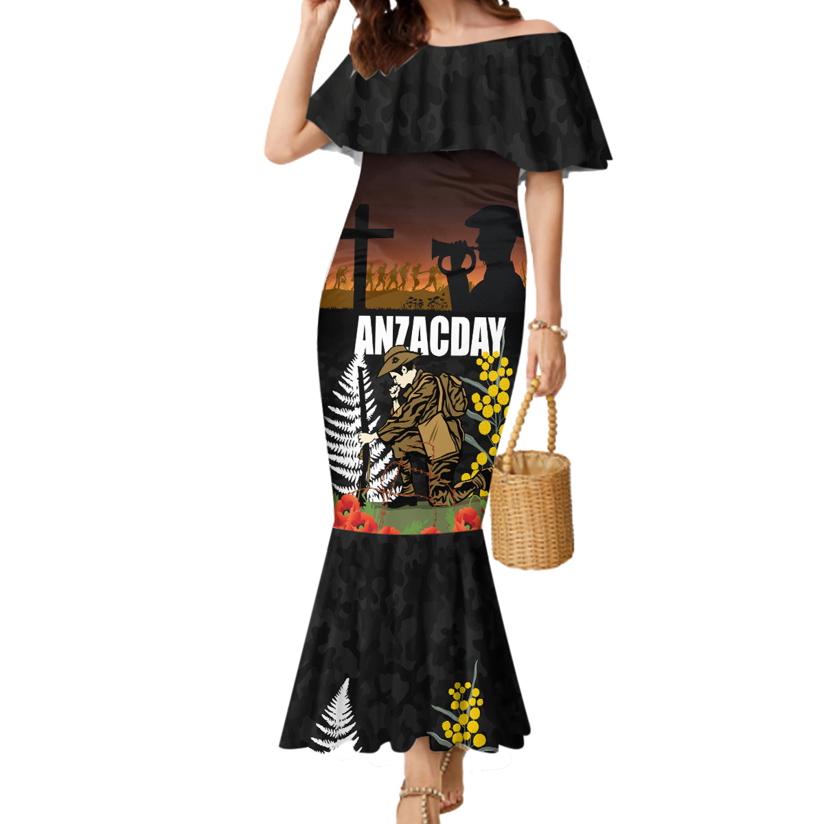 New Zealand and Australia ANZAC Day Mermaid Dress Soldier and Last Post Camouflage Pattern