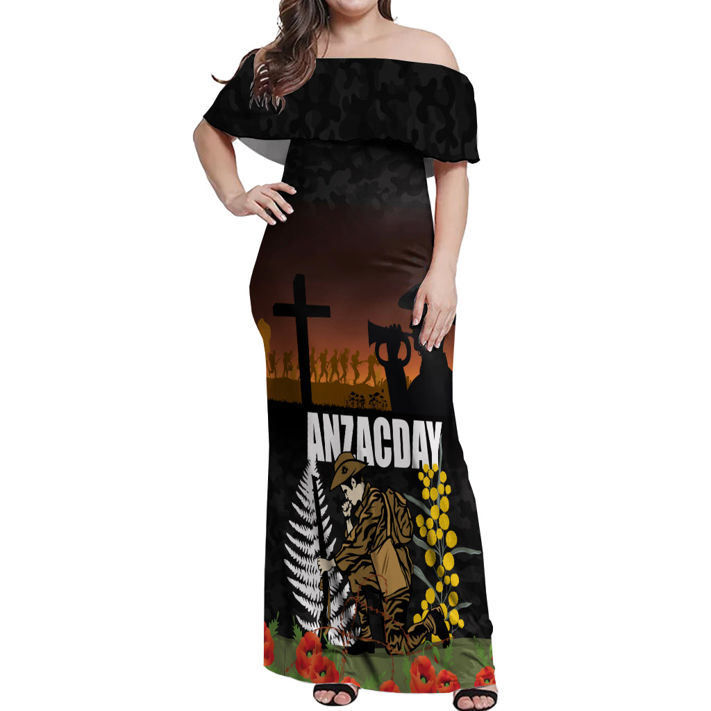 New Zealand and Australia ANZAC Day Off Shoulder Maxi Dress Soldier and Last Post Camouflage Pattern