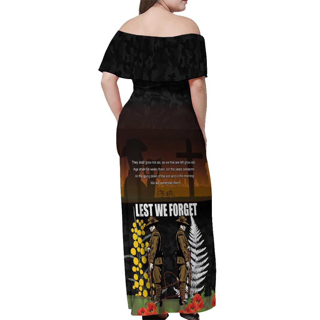 New Zealand and Australia ANZAC Day Off Shoulder Maxi Dress Soldier and Last Post Camouflage Pattern